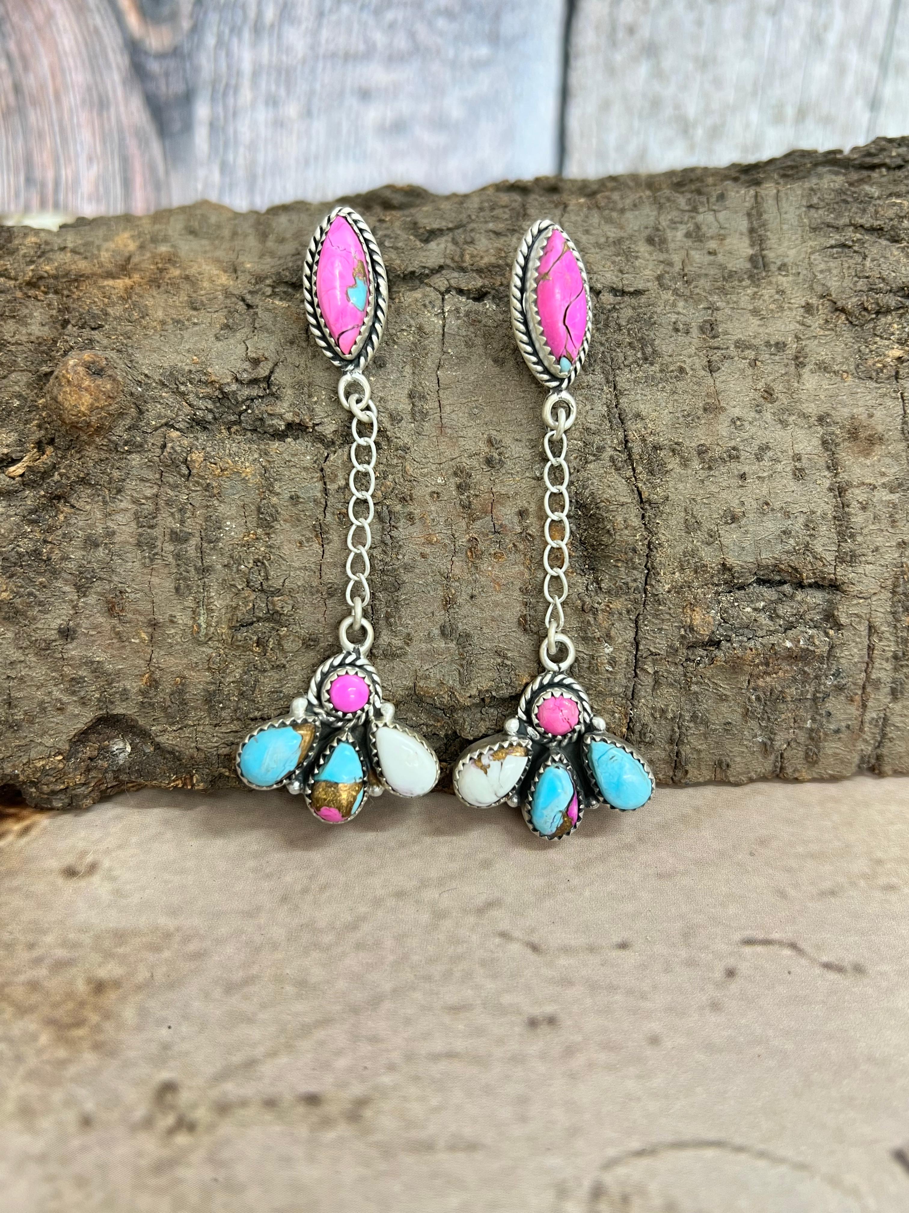 Handmade Sterling Silver Cotton Candy Turquoise Dangle Earrings with Signed Nizhoni