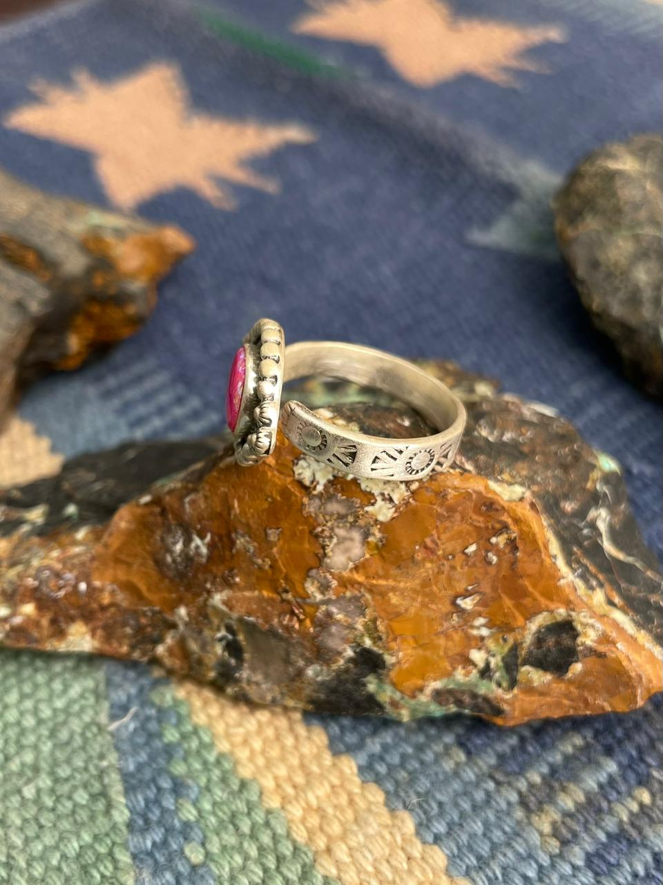 Handmade Sterling Silver Hot Pink Adjustable Ring " Signed Nizhoni"