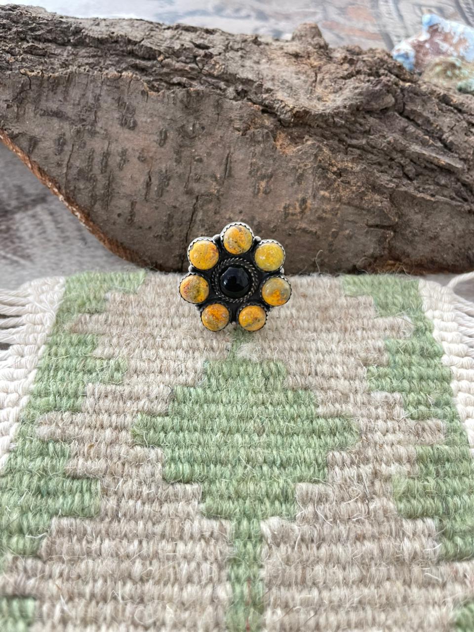 "Halloween Collection" Handmade Sterling Silver Black Onyx, Bumblebee Adjustable Ring with Signed Nizhoni