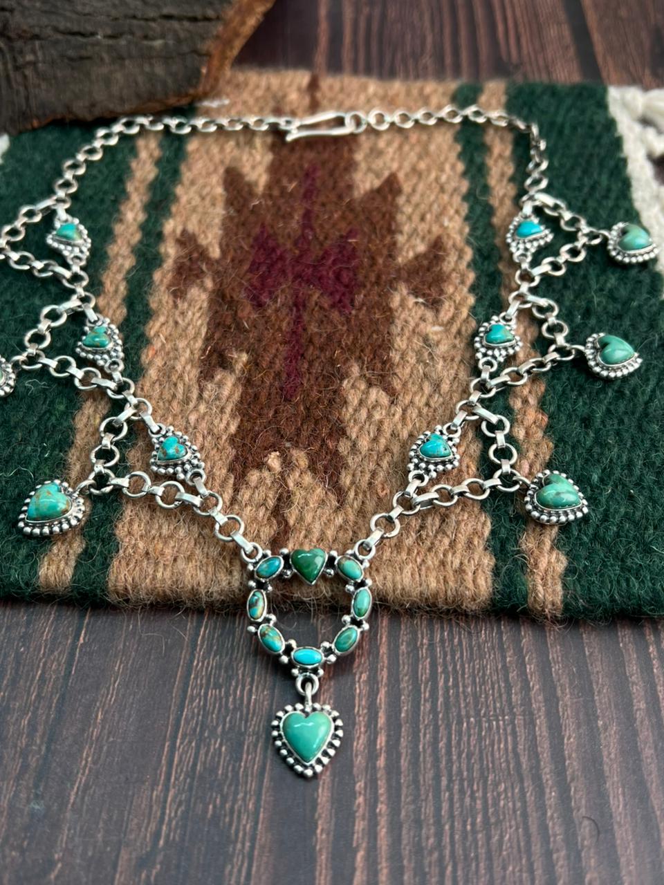 "Heart Collection" Handmade Sterling Silver Kingman Turquoise Necklace "Signed Nizhoni"