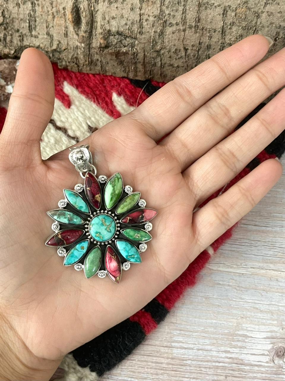 Handmade Sterling Silver Dahlia Rose with Emerald Valley Turquoise Pendant "Signed Nizhoni"