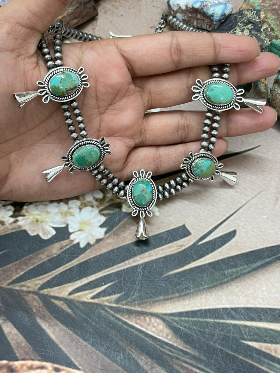 Handmade Sterling Silver Kingman Turquoise Beaded Blossom Necklace "Signed Nizhoni"