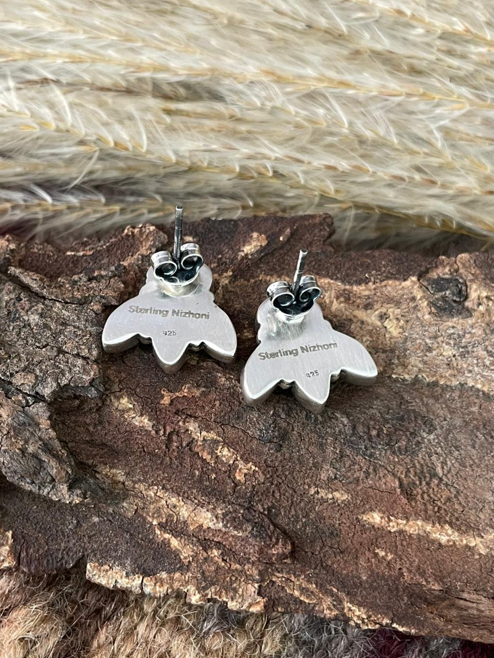 Handmade Sterling Silver Black Onyx Post Studs Earrings "Signed Nizhoni"