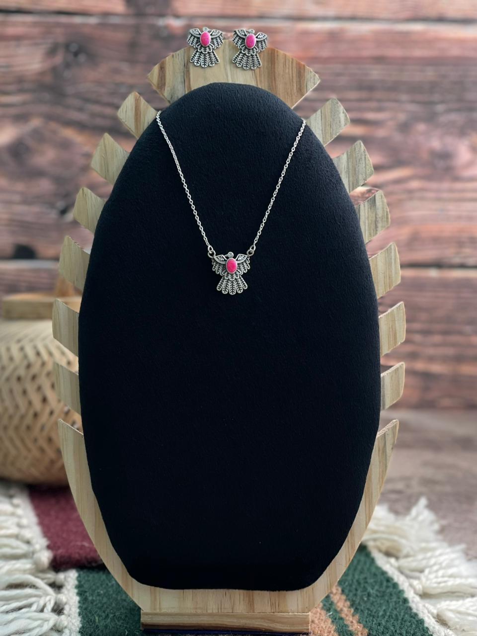 Handmade Sterling Silver Hot Pink Necklace Earrings Set "Signed Nizhoni"