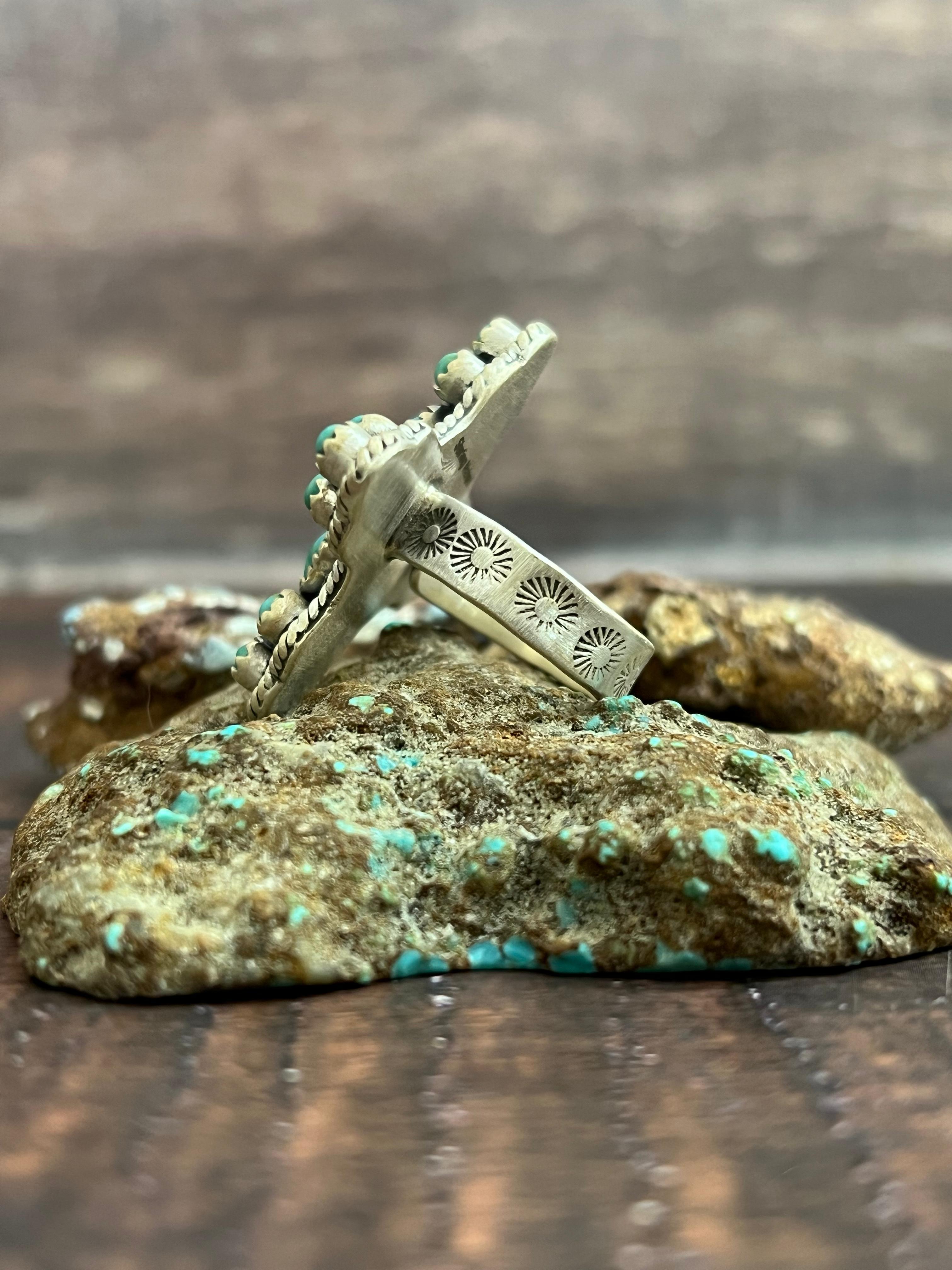 Handmade Sterling Silver Kingman Turquoise Adjustable Ring, Signed Nizhoni