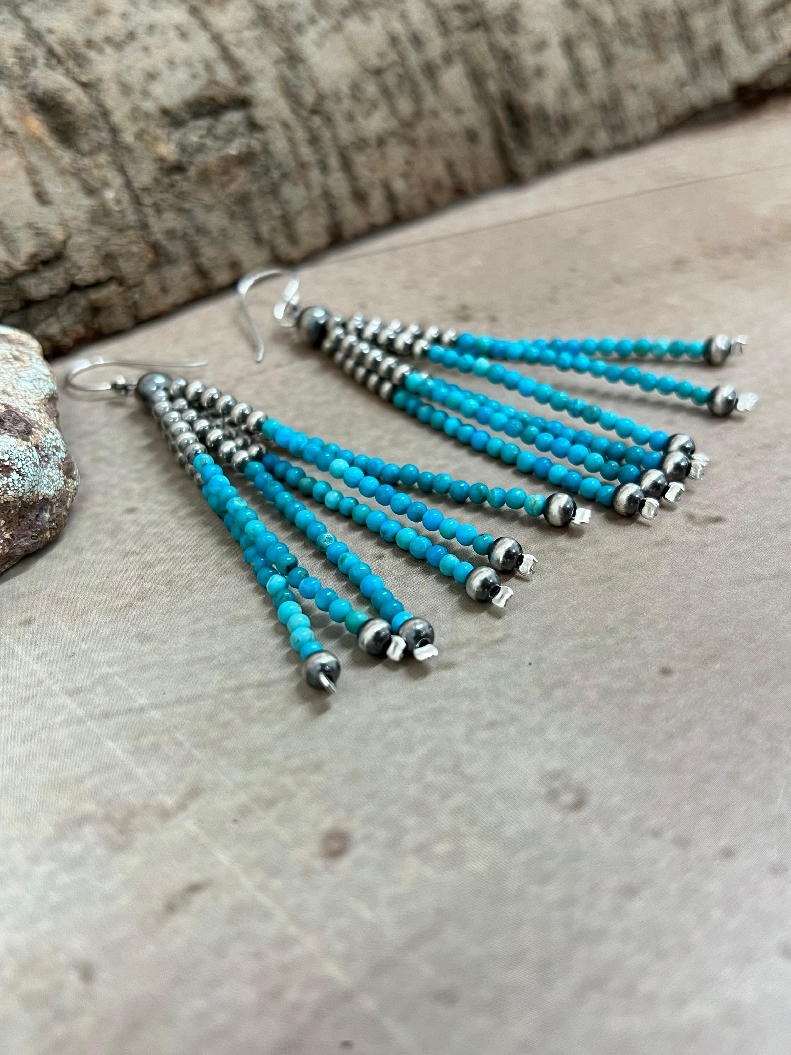 Handmade Sterling Silver Kingman Turquoise Beaded Hook Earrings with Signed Nizhoni
