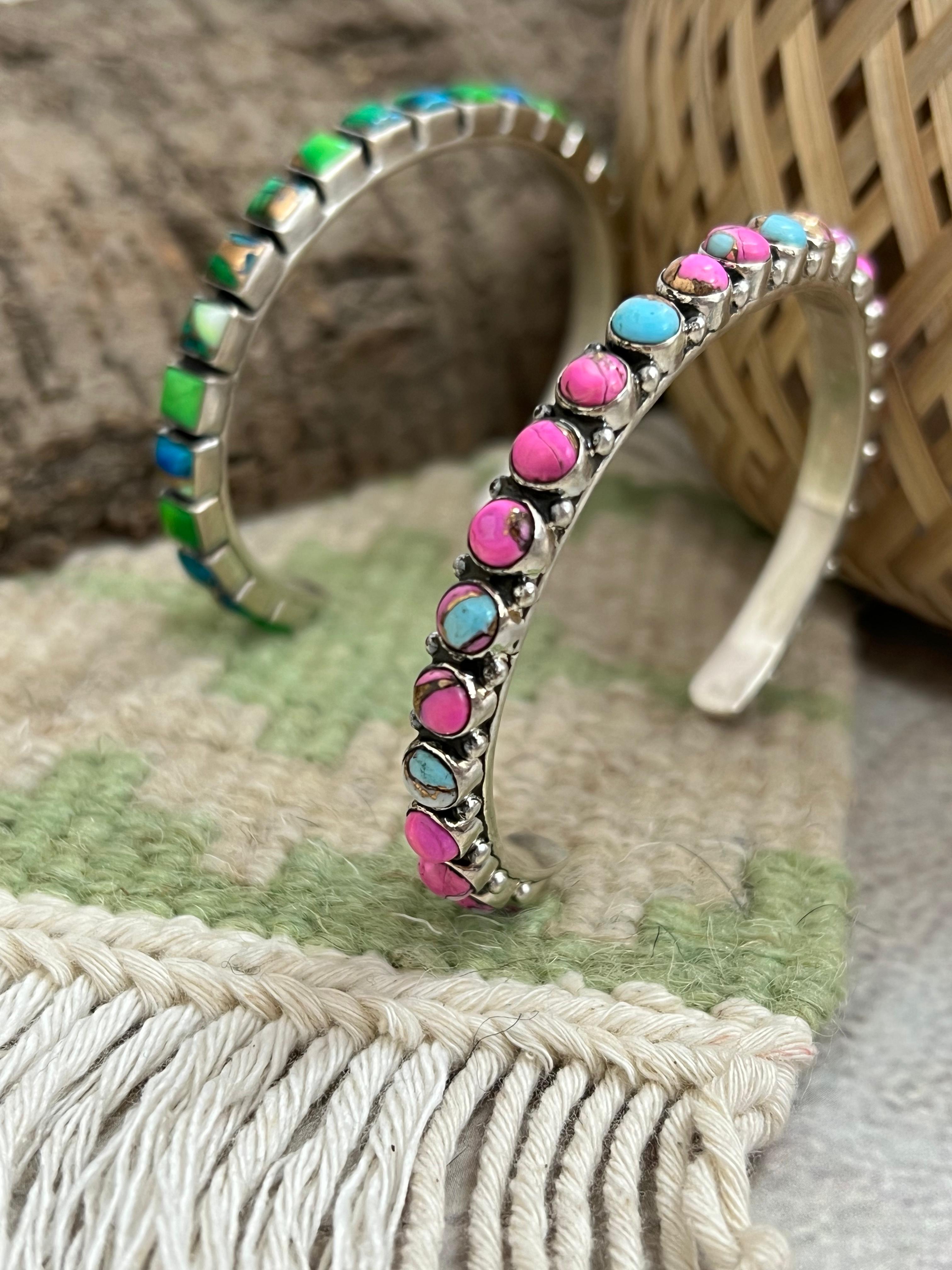 Handmade Sterling Silver Peacock Dahlia, Cotton Candy Cuff Bracelet with Signed Nizhoni