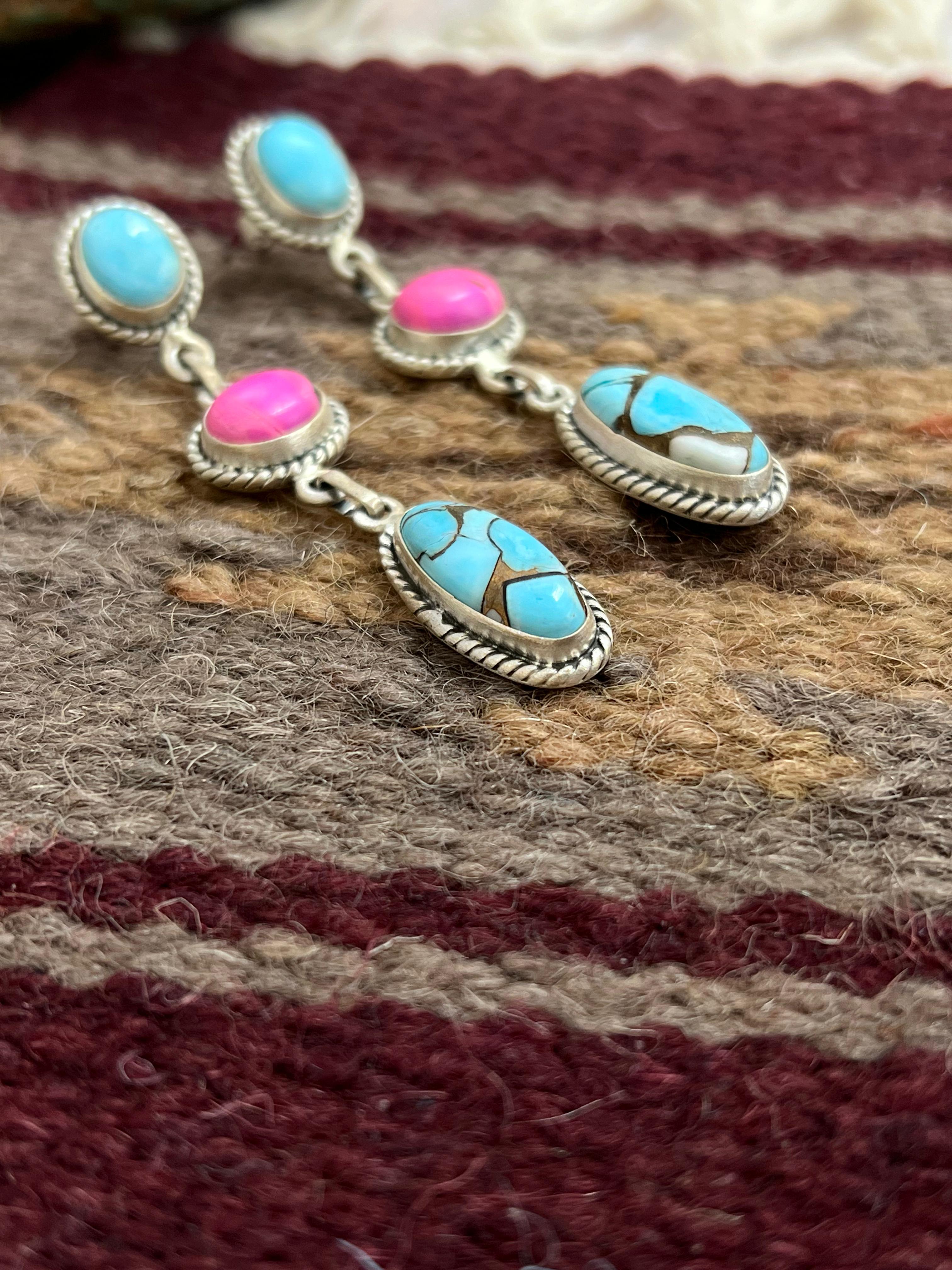 Handmade Sterling Silver Cotton Candy Turquoise Post Dangle Earrings with Signed Nizhoni