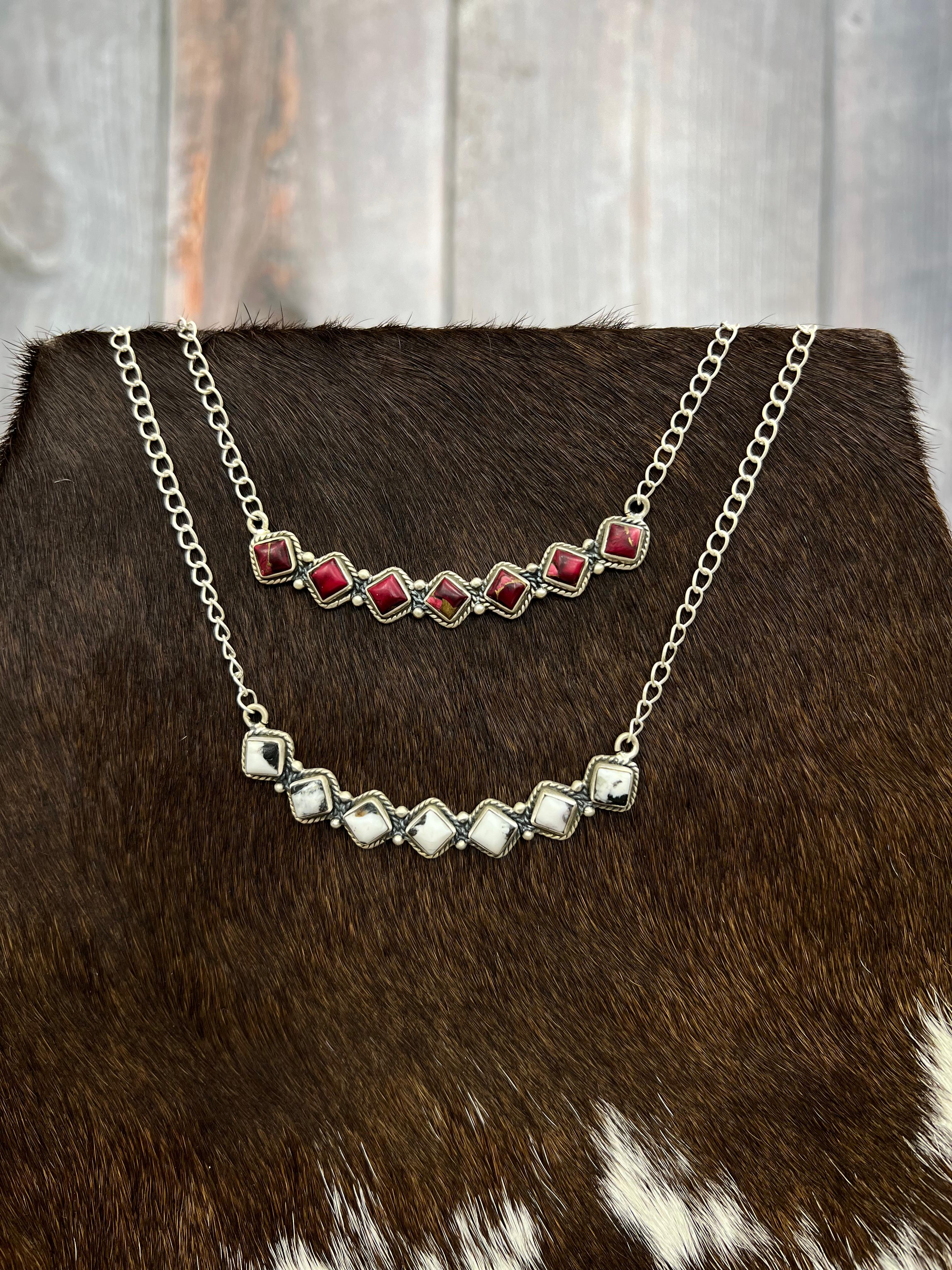 Handmade Sterling Silver White Buffalo, Dahlia Rose Necklace with Signed Nizhoni