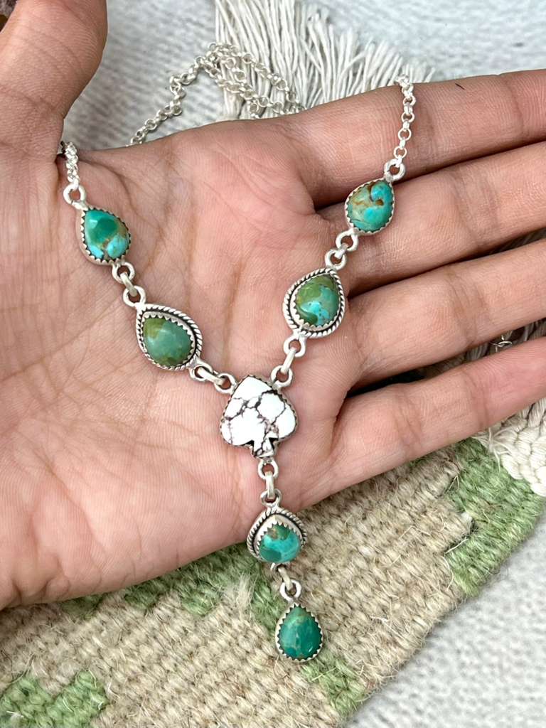 Handmade Sterling Silver Wild Horse Magnesite with Kingman Turquoise Necklace with Signed Nizhoni