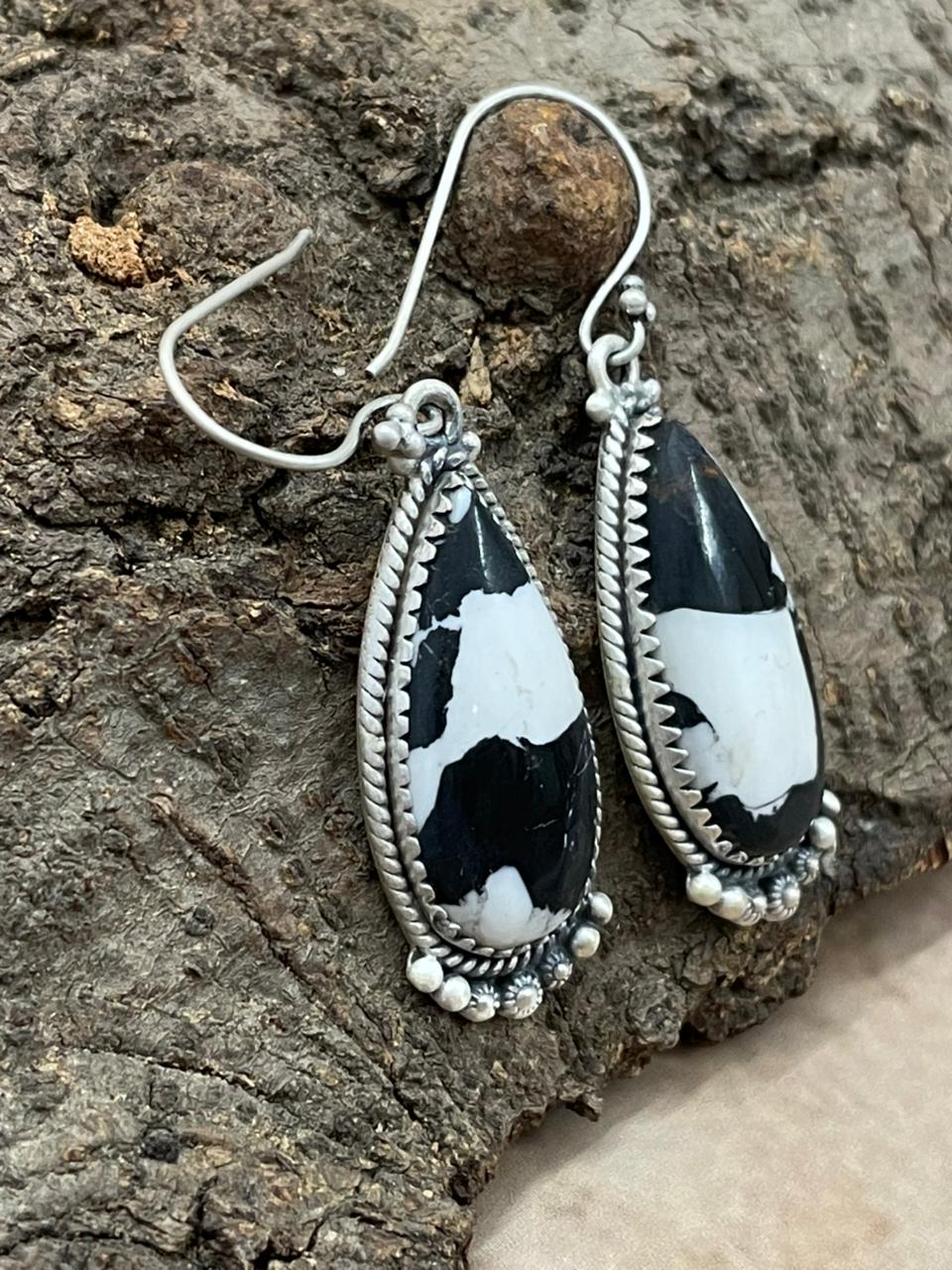 Handmade Sterling Silver White Buffalo Hook Dangle Earrings with Signed Nizhoni