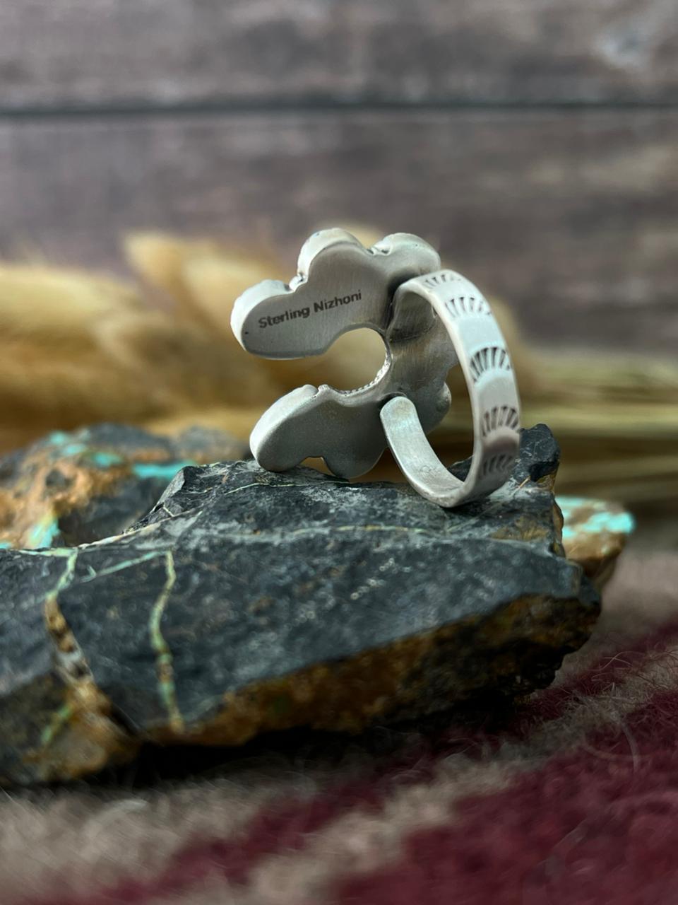 Handmade Sterling Silver Golden Hills Turquoise Adjusatble Ring "Signed Nizhoni"