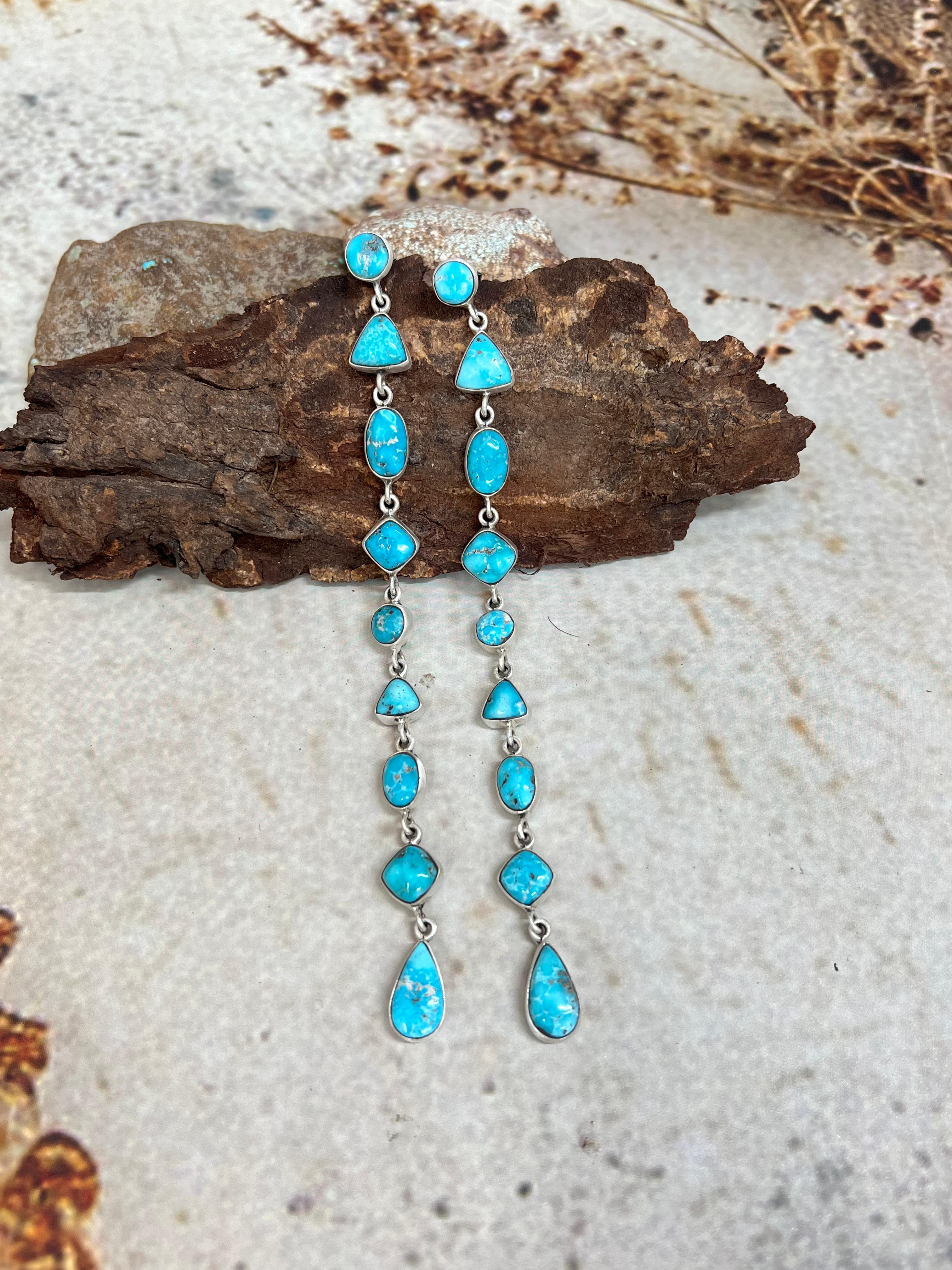 Handmade Sterling Silver White Water Turquoise Dangle Earrings Signed Nizhoni