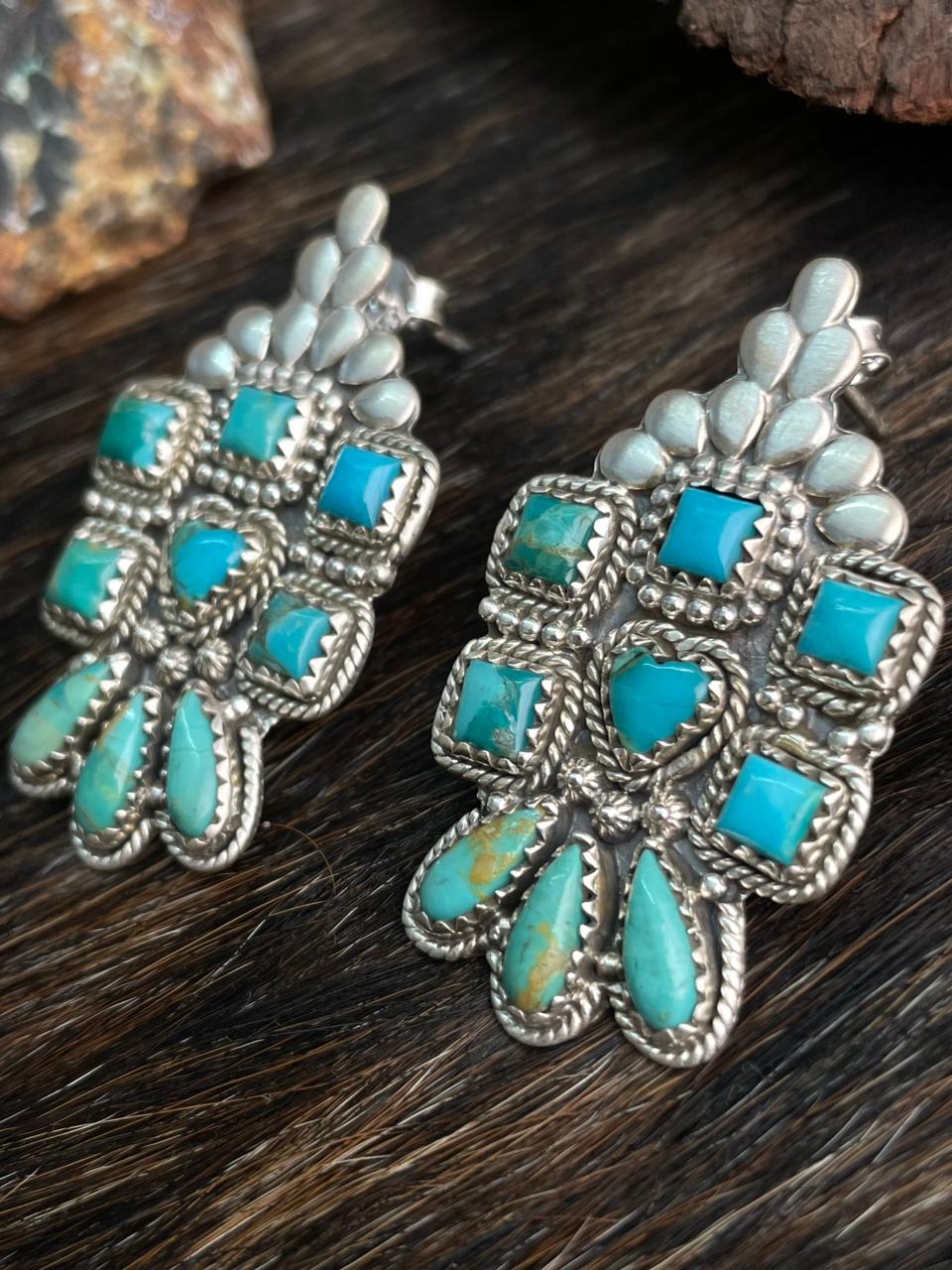 Handmade Sterling Silver Kingman Turquoise Post Earrings "Signed Nizhoni"