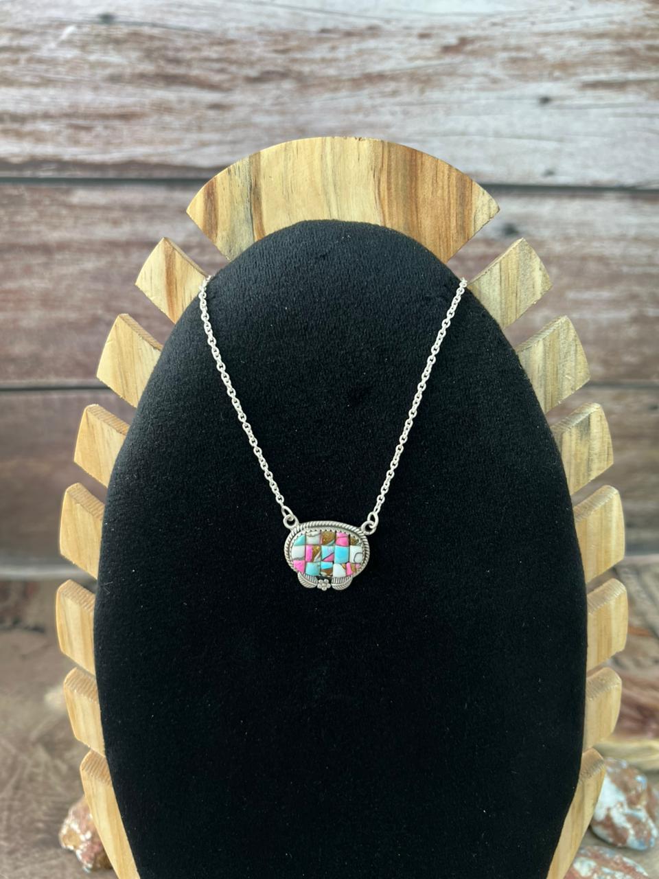 Handmade Sterling Silver Cotton Candy Cobble Stone Necklace "Signed Nizhoni"