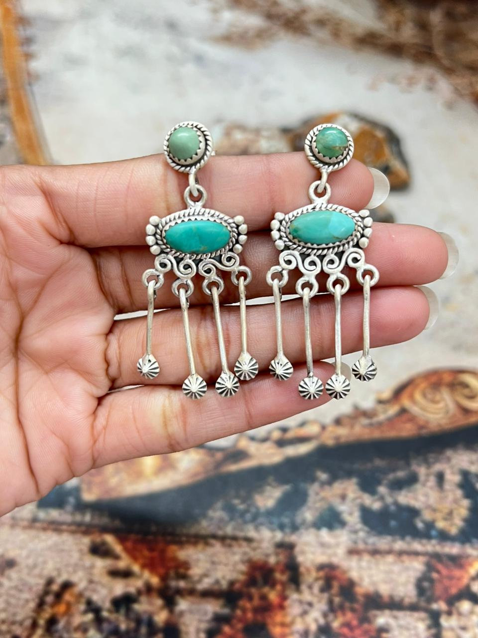 Handmade Sterling Silver Kingman Turquoise Post Dangle Earrings "Signed Nizhoni"