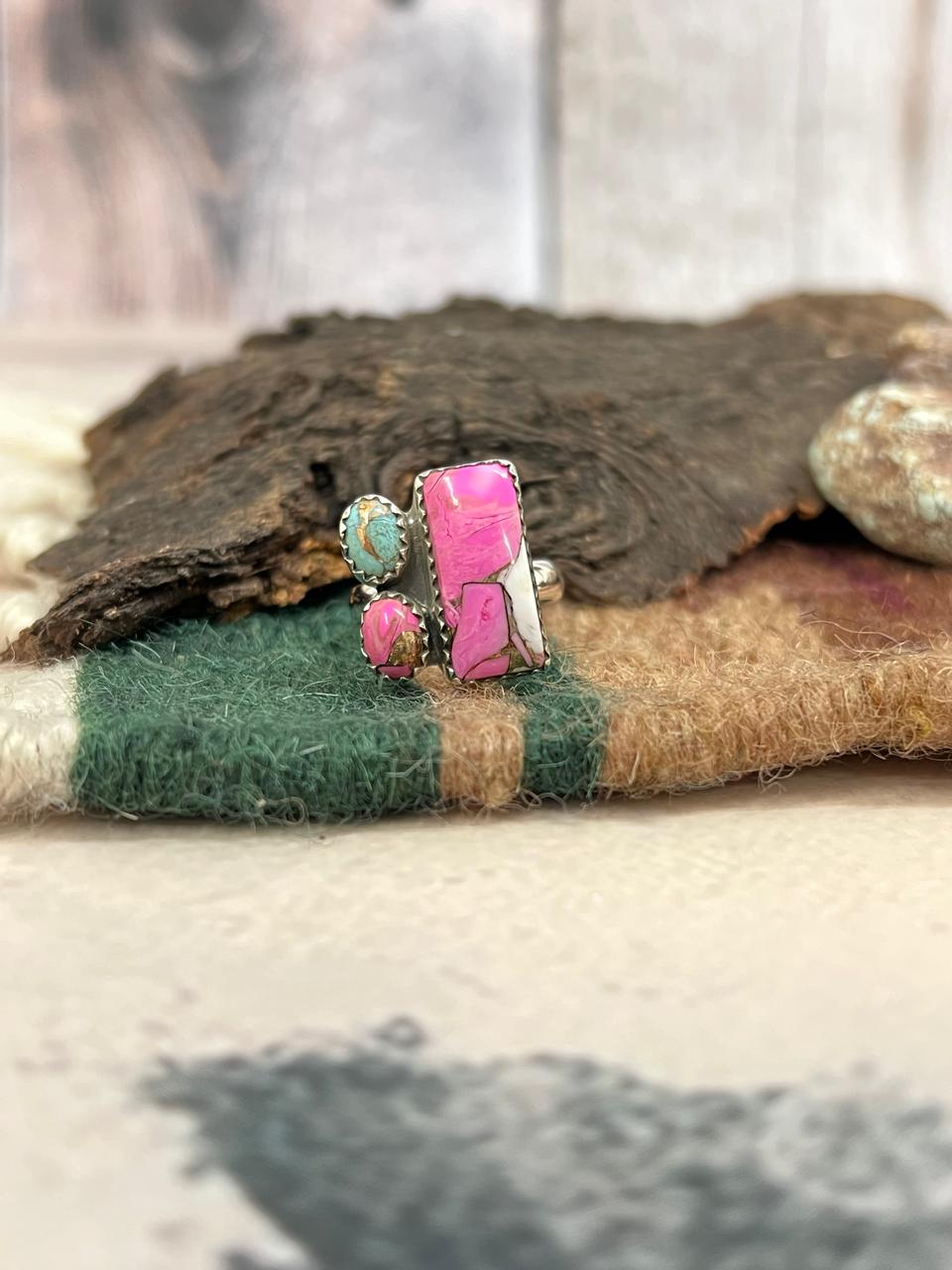 Handmade Sterling Silver Cotton Candy Turquoise Adjustable Ring with Signed Nizhoni