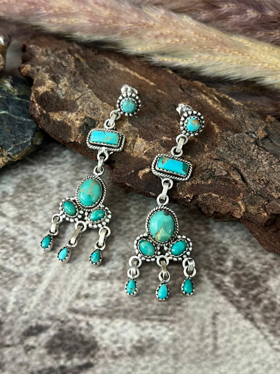 Handmade Sterling Silver Kingman Turquoise Post Dangle Earrings "Signed Nizhoni"