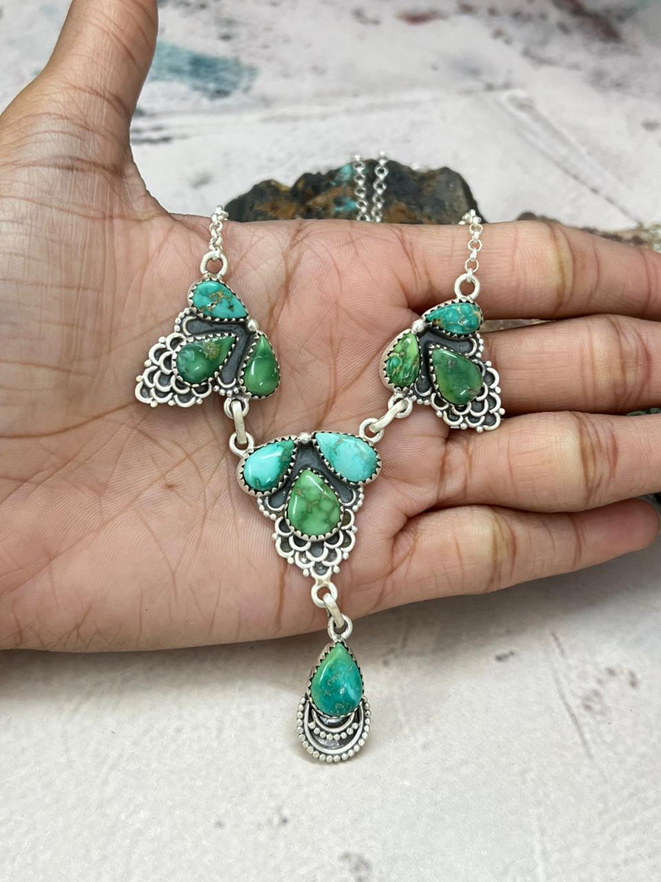 Handmade Sterling Silver Emerald Valley Turquoise Necklace "Signed Nizhoni"