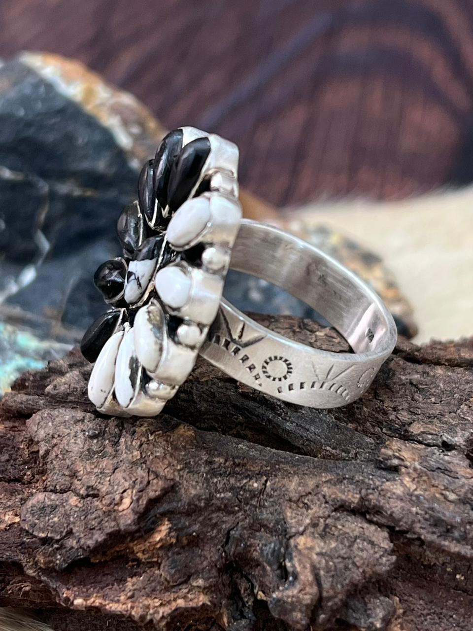 Handmade Sterling Silver White Buffalo Adjustable Ring "Signed Nizhoni"