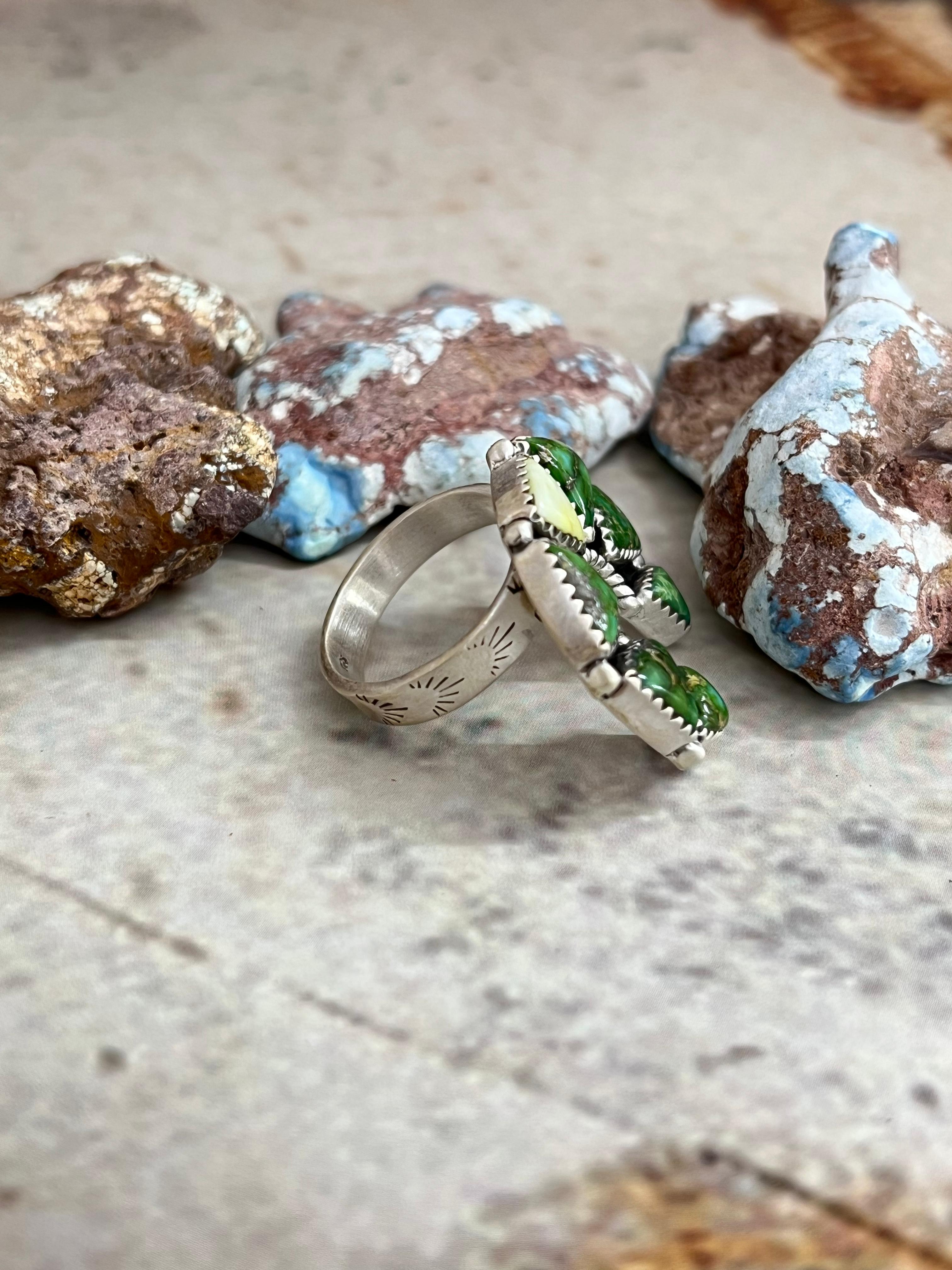 Handmade Sterling Silver Sonoran Mountain Turquoise, Palomino Turquoise Naja Adjustable Ring, Signed Nizhoni (6)