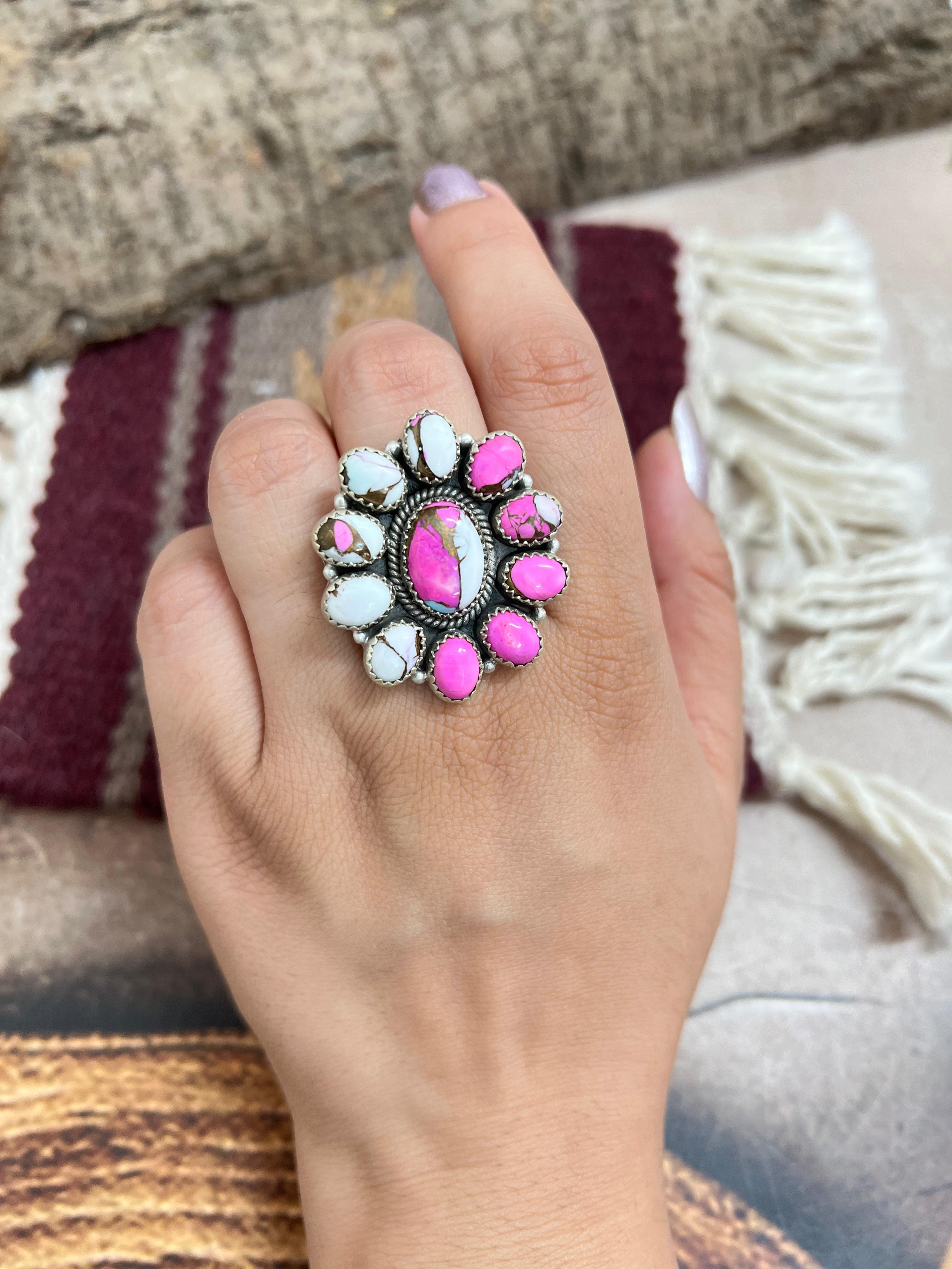 Handmade Sterling Silver Cotton Candy Turquoise Adjustable Rings with Signed Nizhoni