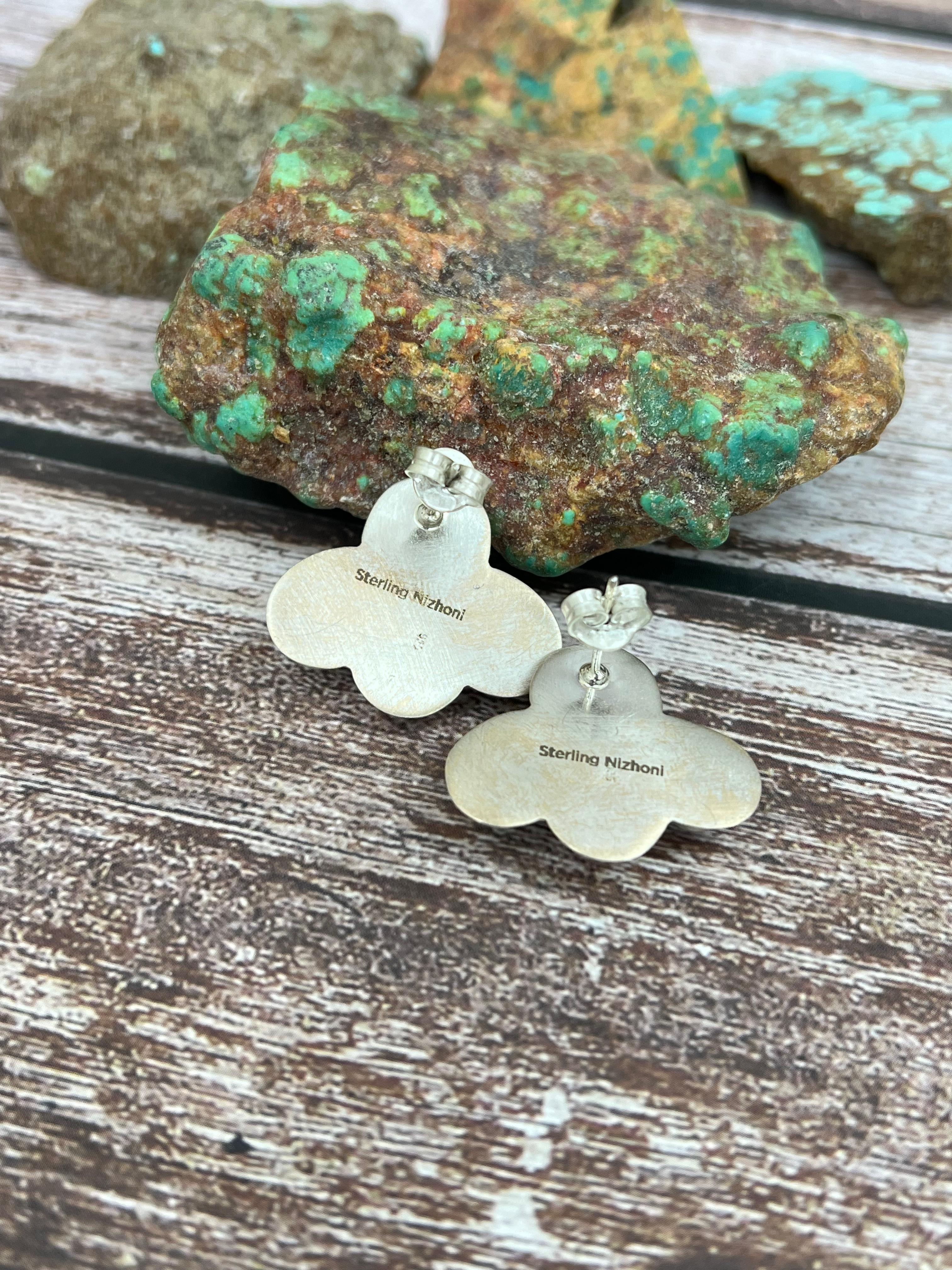 Handmade Sterling Silver Cotton Candy Turquoise Post Earrings with Signed Nizhoni