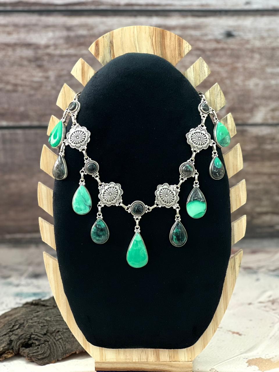 Handmade Sterling Silver Emerald Rose Necklace "Signed Nizhoni"