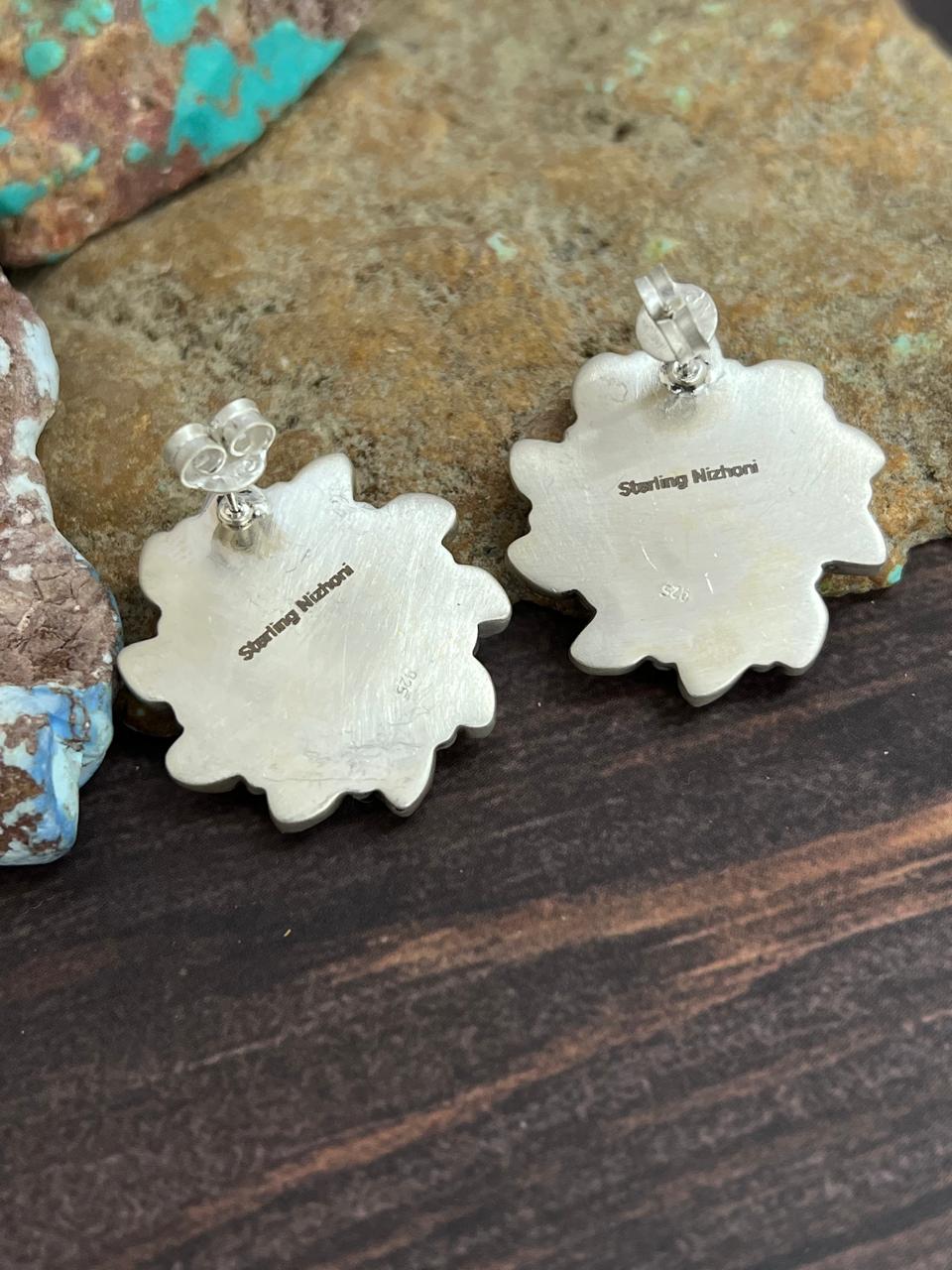 Handmade Sterling Silver Cotton Candy Turquoise Post Studs with Signed Nizhoni