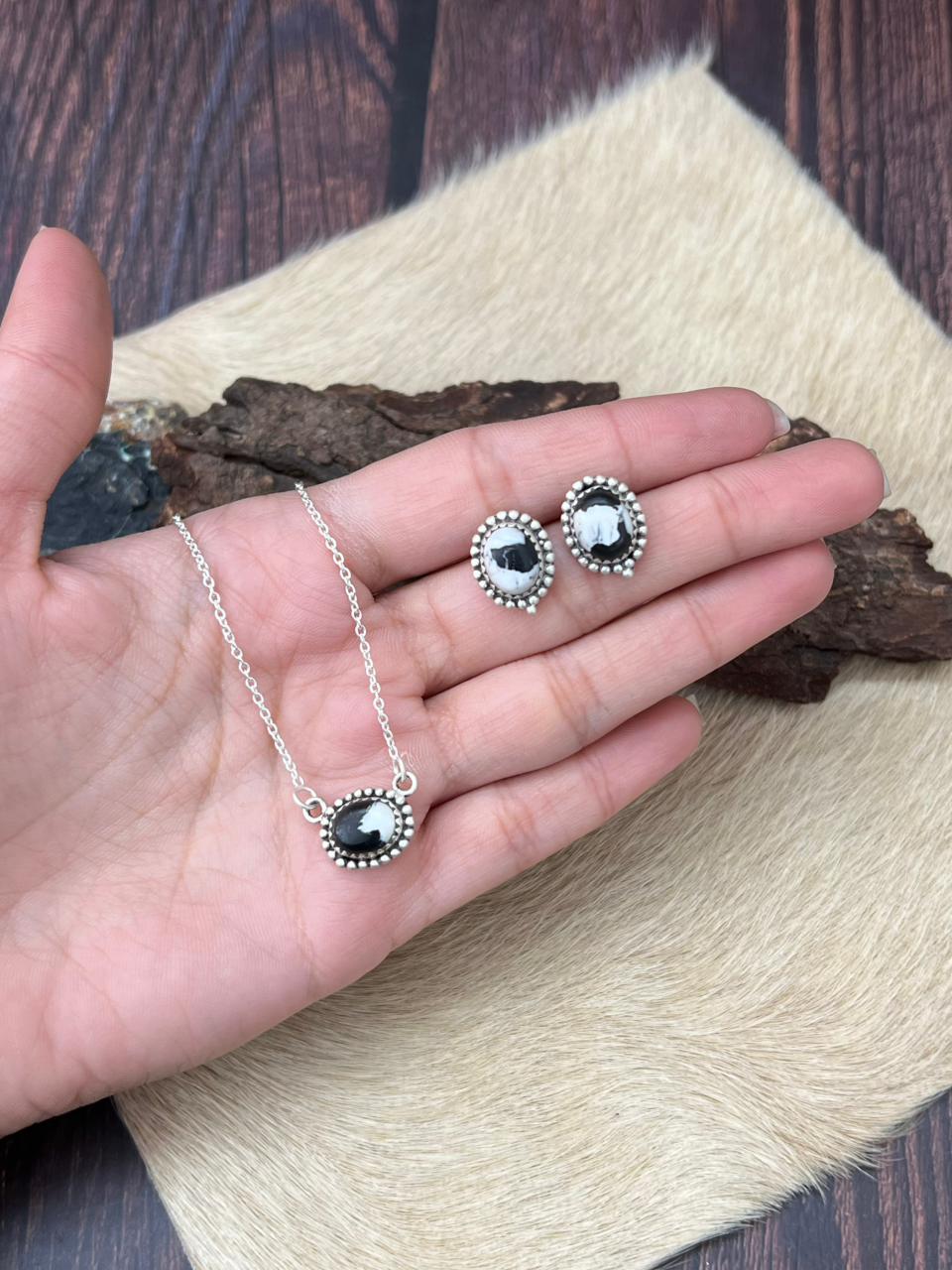 Handmade Sterling Silver White Buffalo Necklace Earrings Set "Signed Nizhoni"