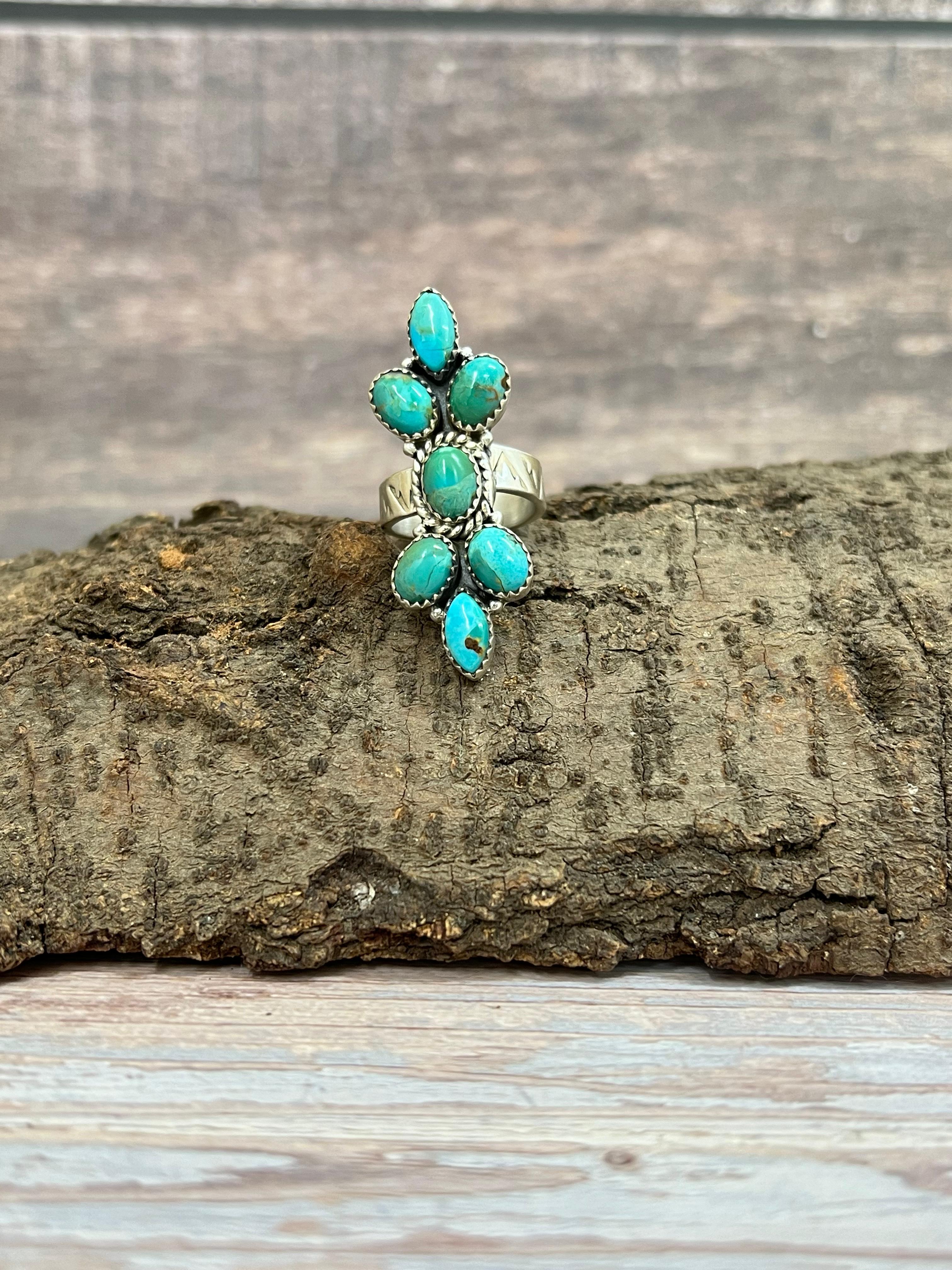 Handmade Sterling Silver Kingman Turquoise Adjustable Ring with Signed Nizhoni (5)