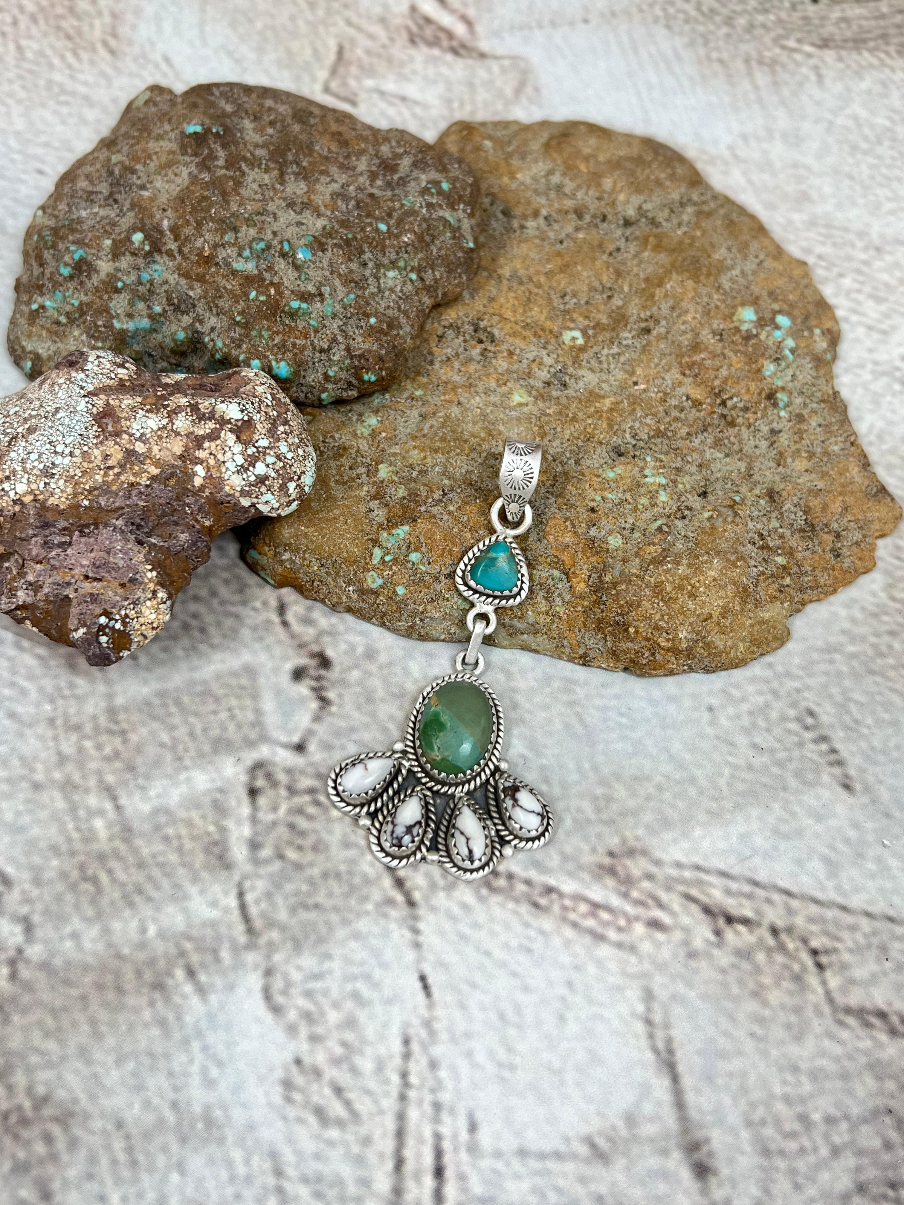 Handmade Sterling Silver Kingman Turquoise with Wild Horse Magnesite Pendant Signed Nizhoni