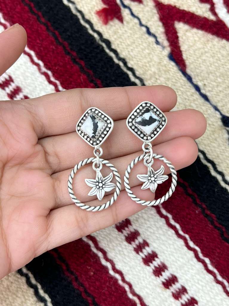 Handmade Sterling Silver White Buffalo Post Dangle Earrings "Signed Nizhoni"