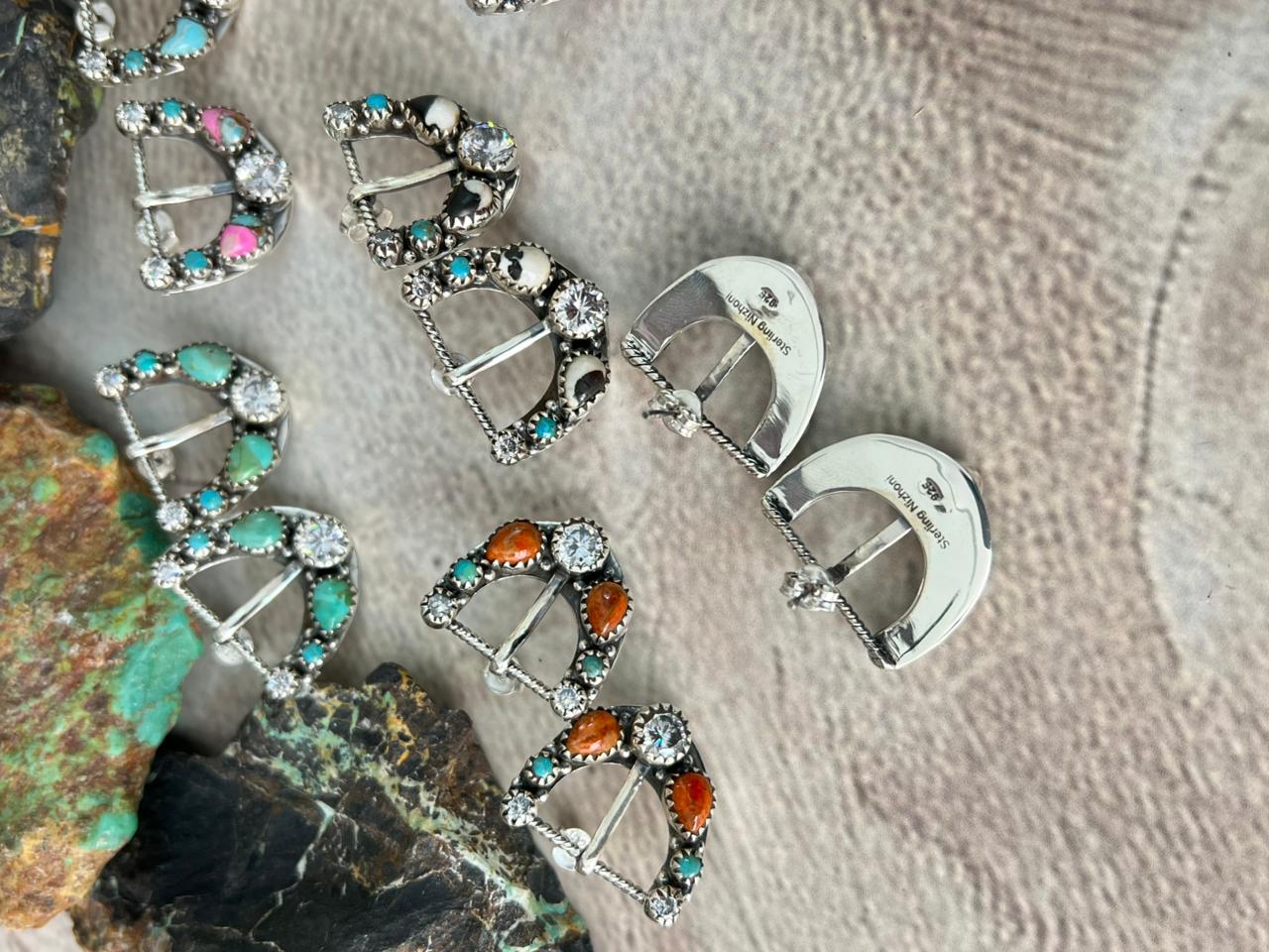 Handmade Sterling Silver Multi Stone Post Studs Earrings "Signed Nizhoni"