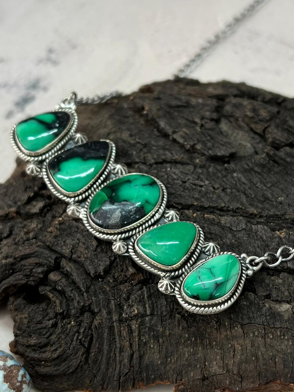 Handmade Sterling Silver Emerald Rose Necklace "Signed Nizhoni"