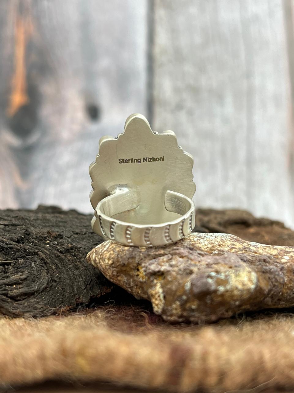 Handmade Sterling Silver Cotton Candy Turquoise Adjustable Ring with Signed Nizhoni