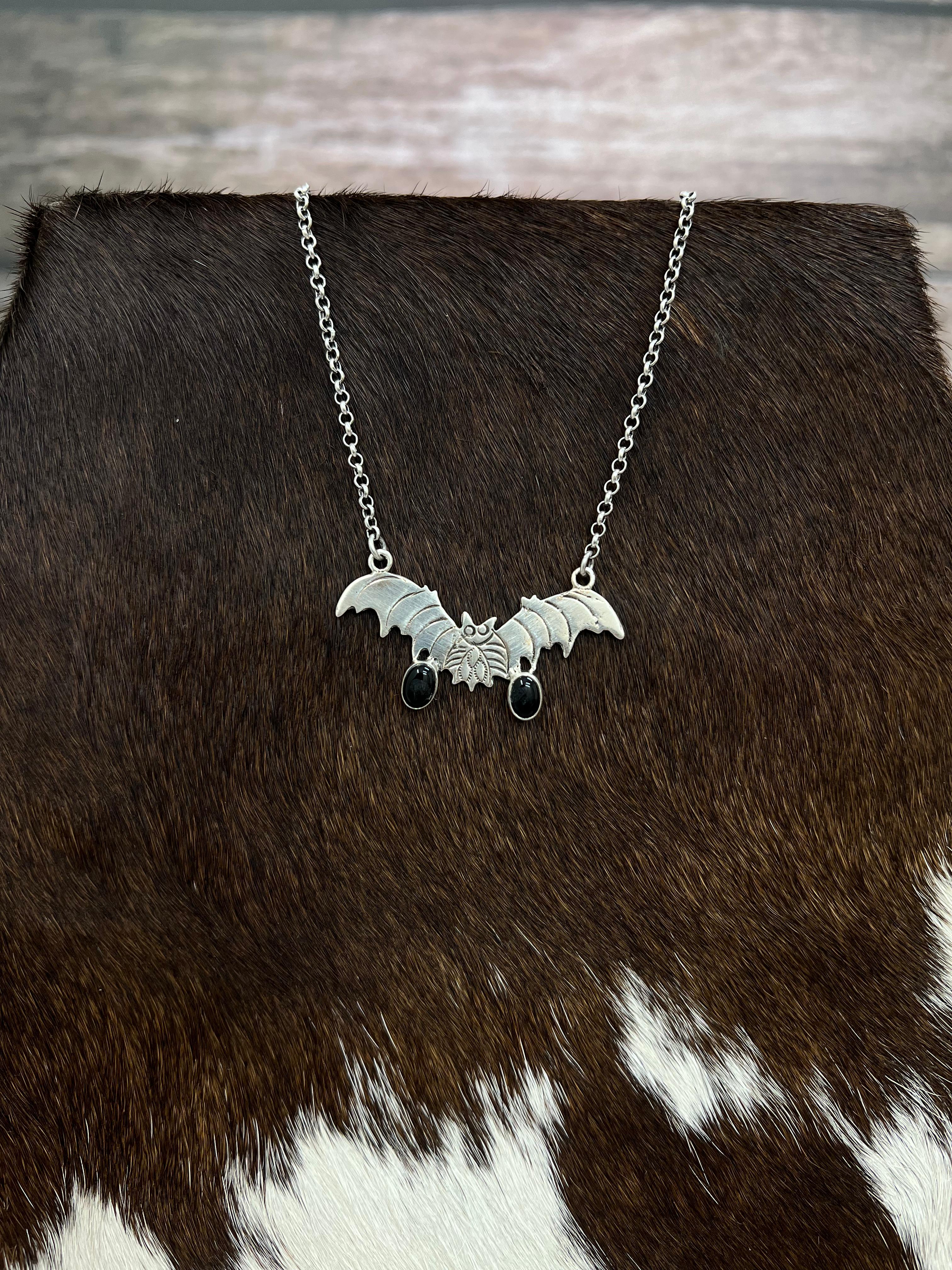 "Halloween Collection" Handmade Sterling Silver Black Onyx Bat Necklace with Signed Nizhoni