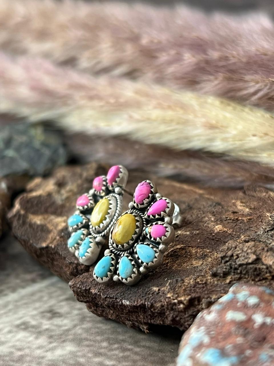 Handmade Sterling Silver Cotton Candy with Palomino Post Earrings "Signed Nizhoni"