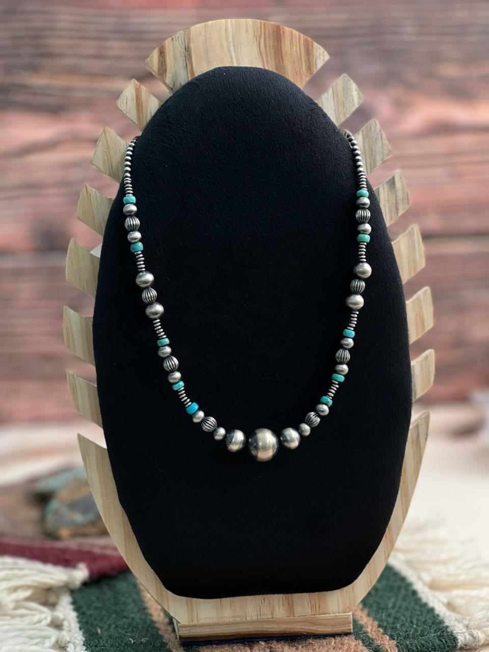 Handmade Sterling Silver Beaded Kingman Turquoise Necklace