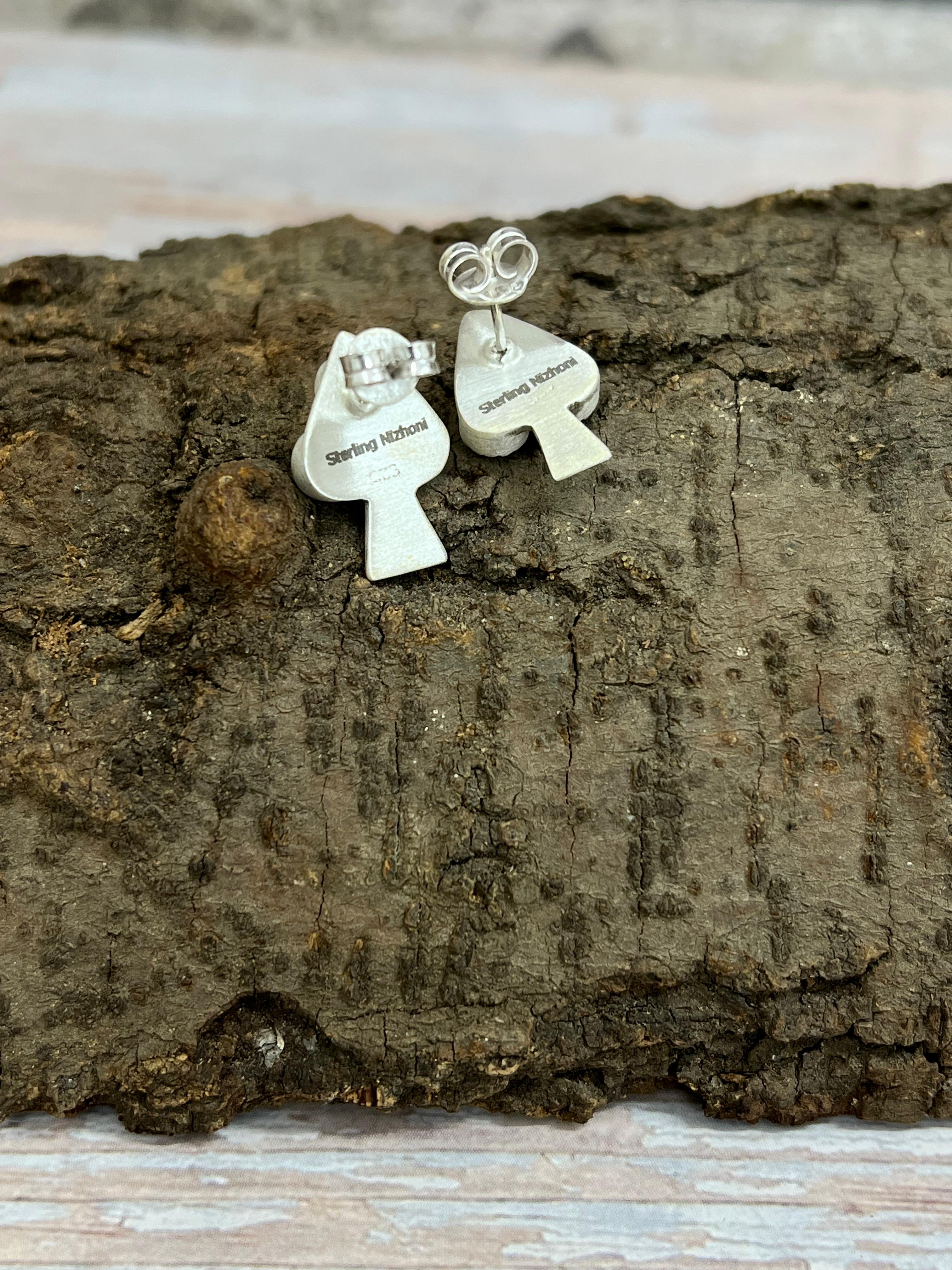 Handmade Sterling Silver Kingman Turquoise Post Earrings with Signed Nizhoni