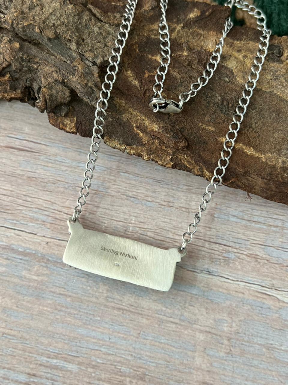 Handmade Sterling Silver Mint Dahlia Collection: Bar Necklace "Signed Nizhoni"