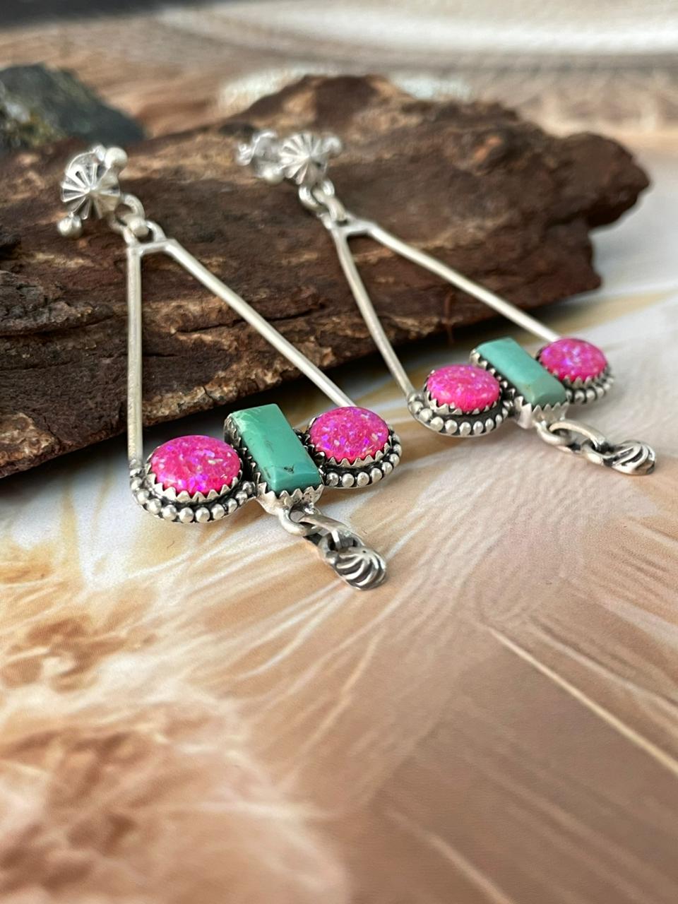Handmade Sterling Silver Spring Collection: Hot Pink with Kingman Post Dangle Earrings "Signed Nizhoni"