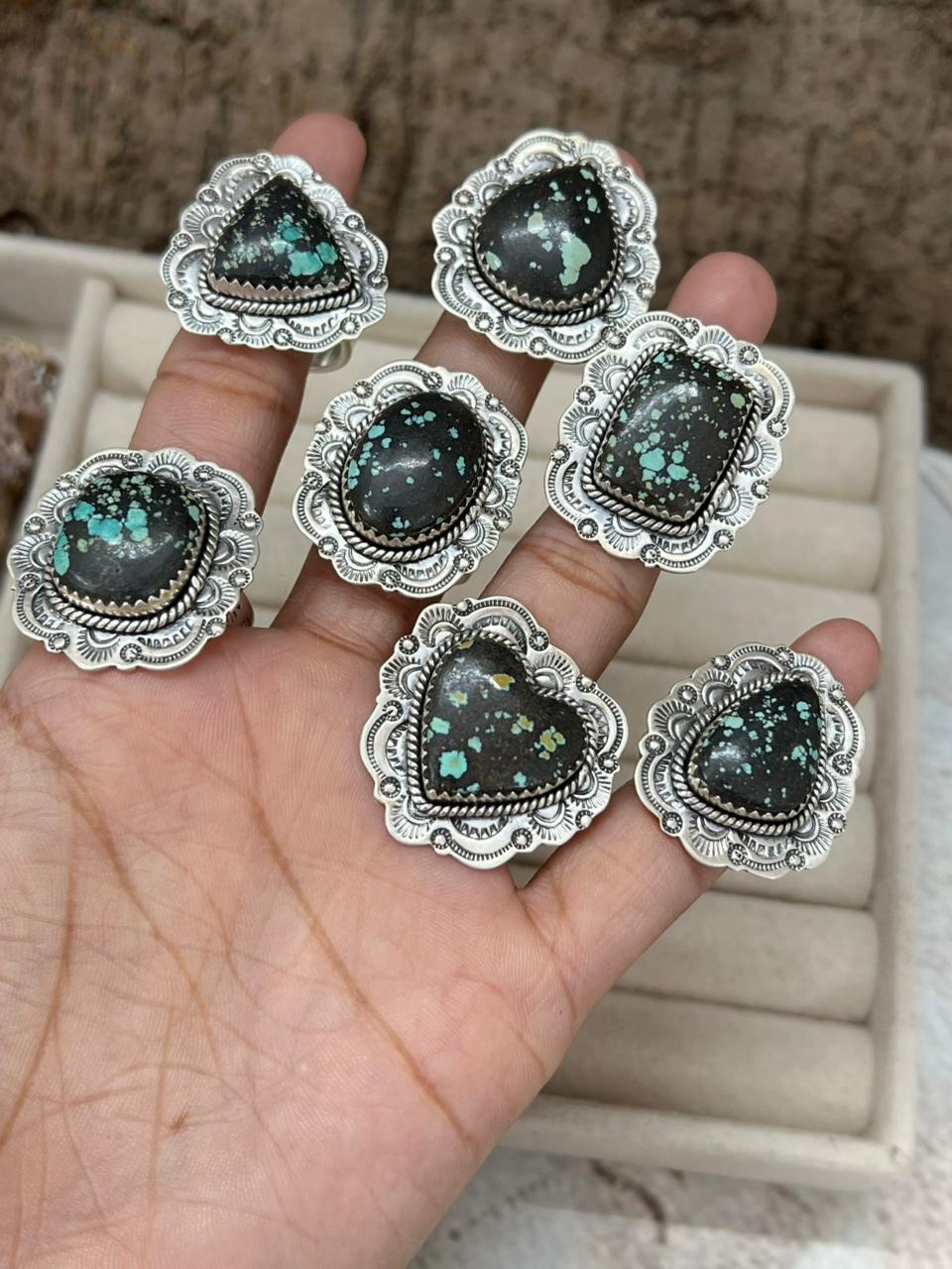 Handmade Sterling Silver Lander Turquoise Adjustable Ring With Signed Nizhoni