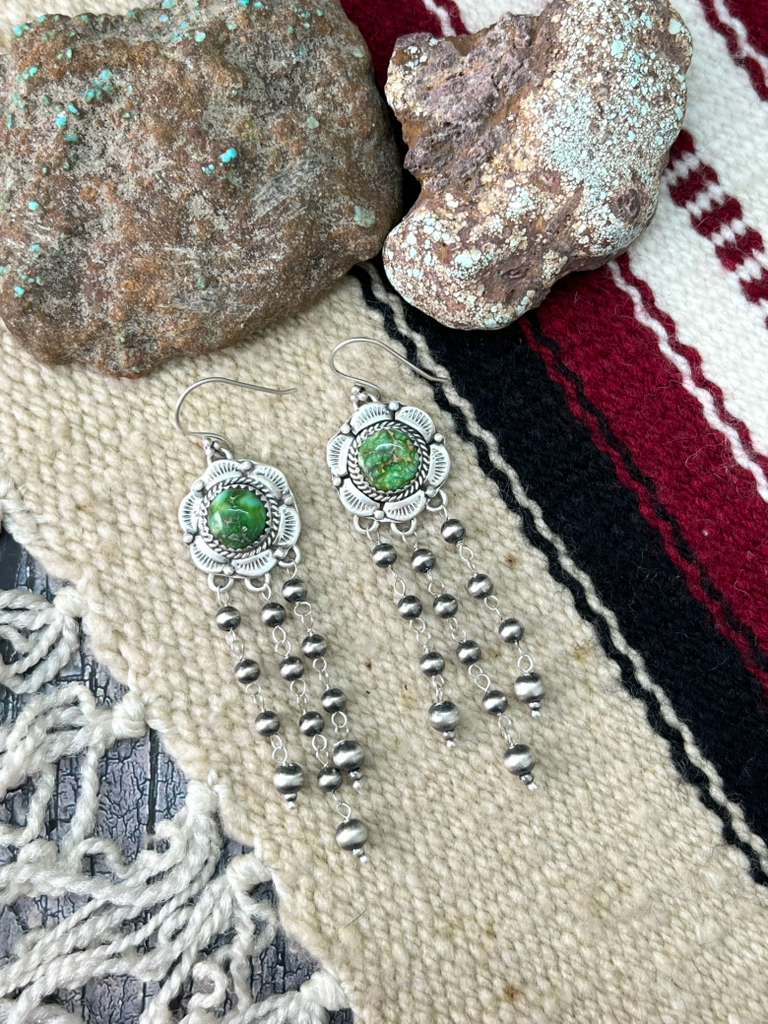 Handmade Sterling Silver Kingman Turquoise Hook Dangle Earrings with Signed Nizhoni