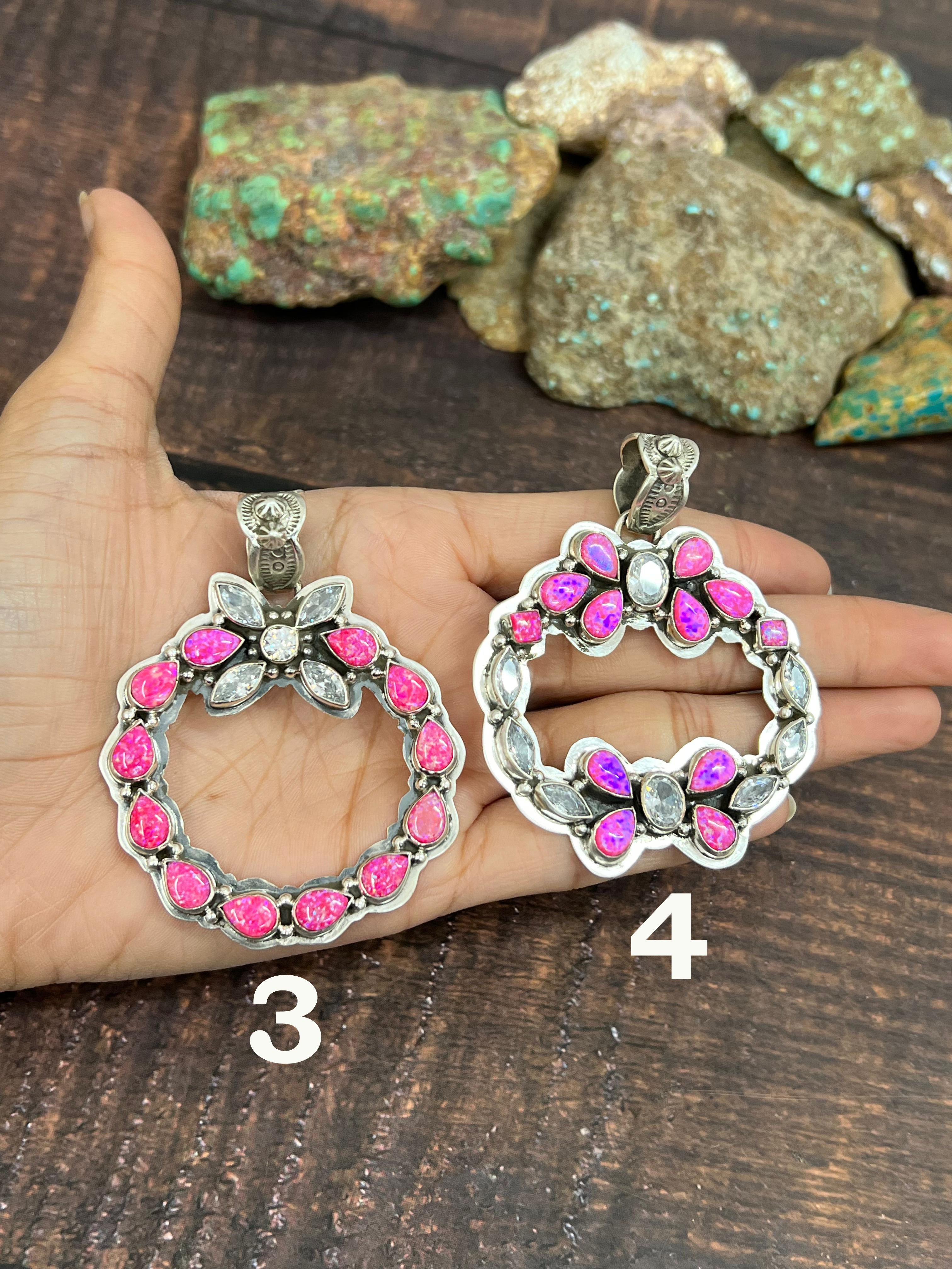 Handmade Sterling Silver Hot Pink with CZ Pendant, Signed Nizhoni