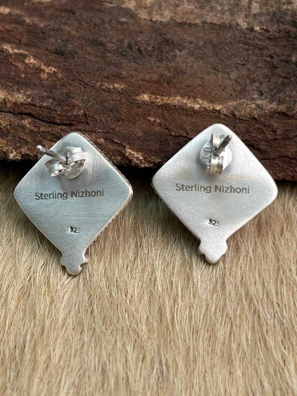 Handmade Sterling Silver White Buffalo Post Studs Earrings "Signed Nizhoni"