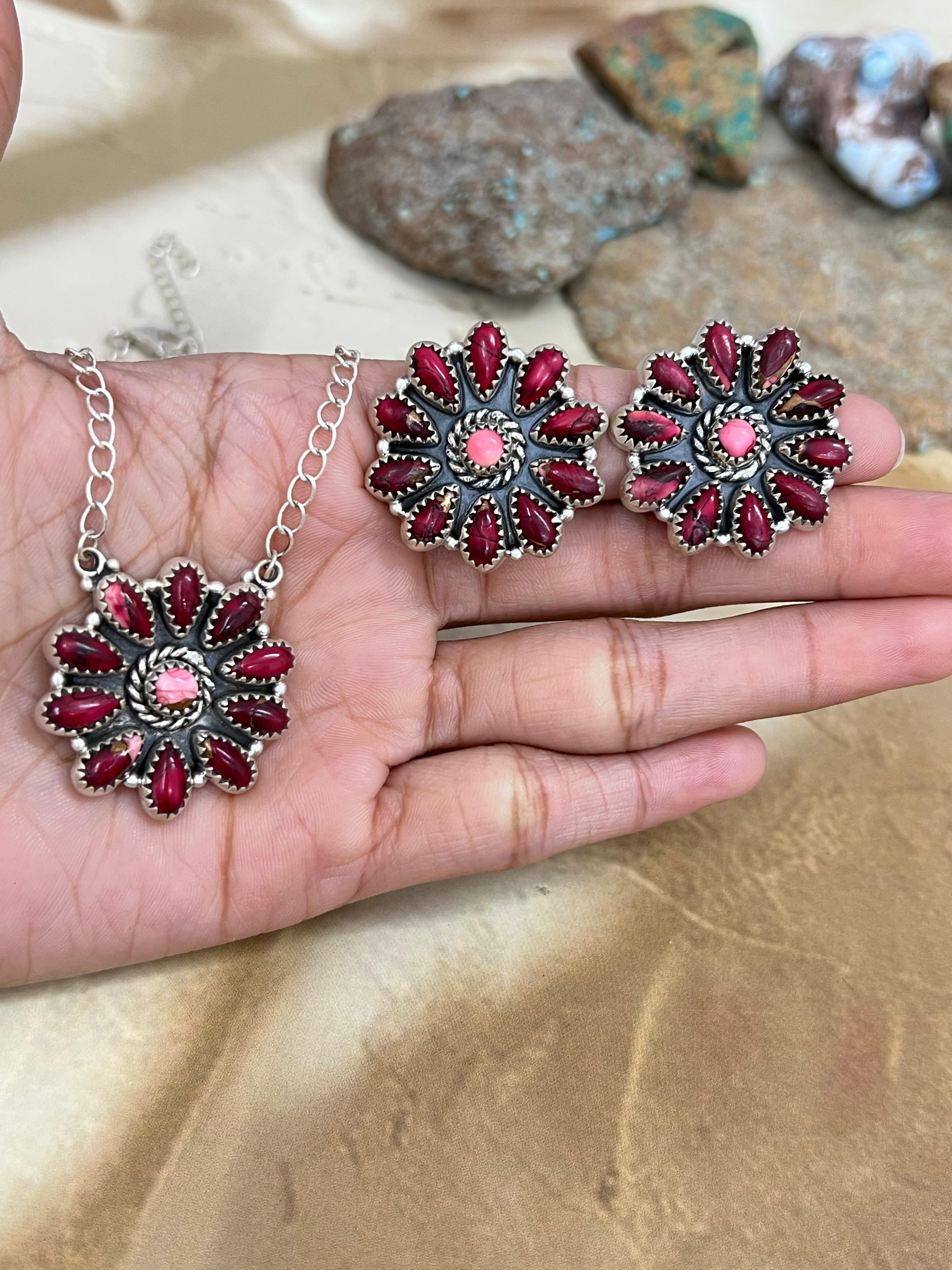 Handmade Sterling Silver Multi Stone Necklace Earrings Set, Signed Nizhoni