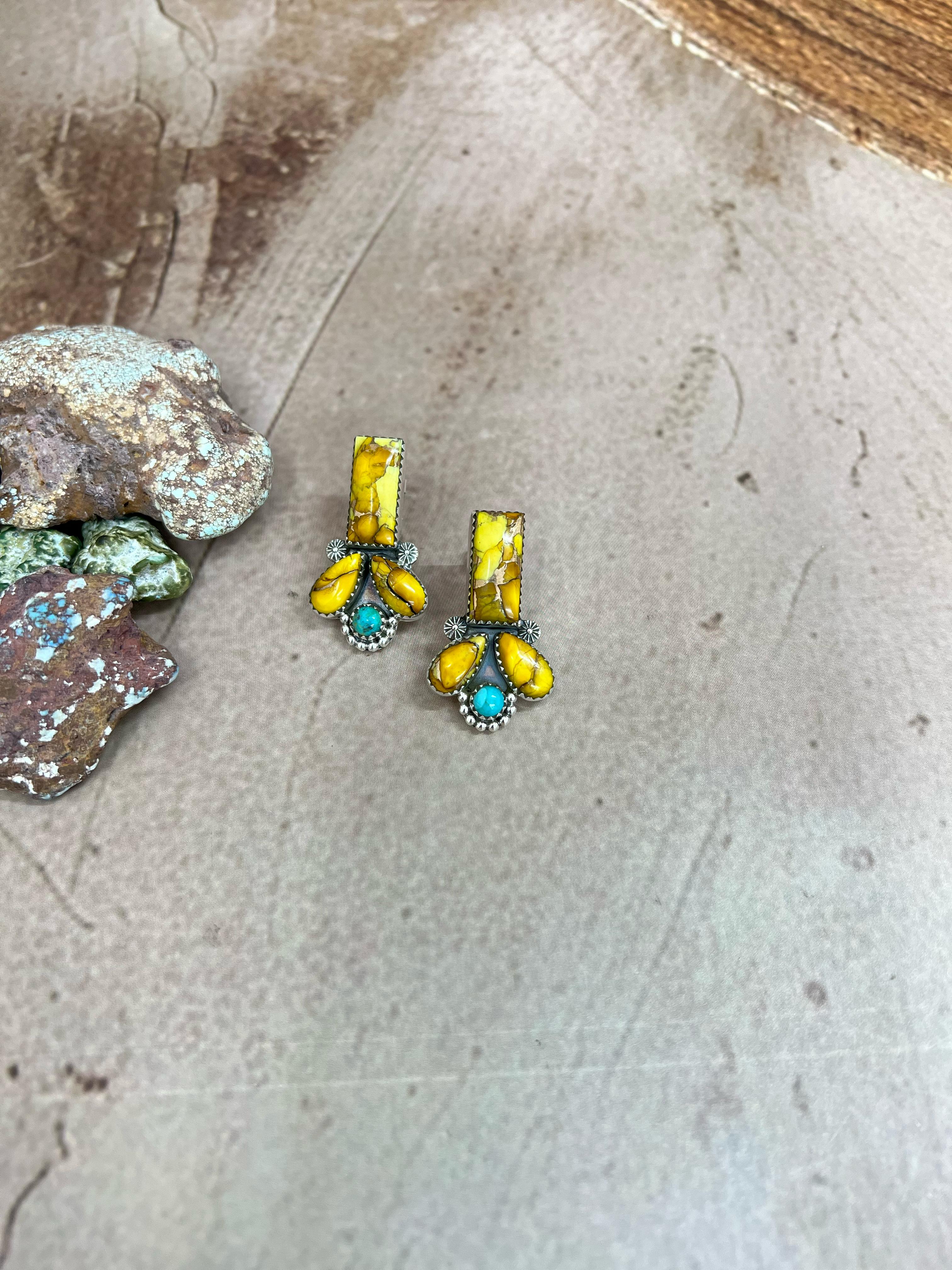 Handmade Sterling Silver Honey Dahlia with Kingman Turquoise Post Earrings with Signed Nizhoni (9)