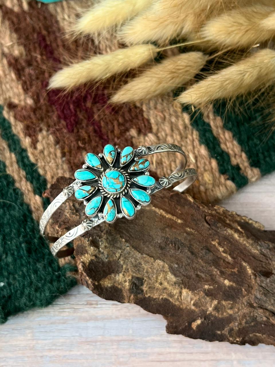 Handmade Sterling Silver Mint Dahlia Collection: Cuff Bracelet "Signed Nizhoni"