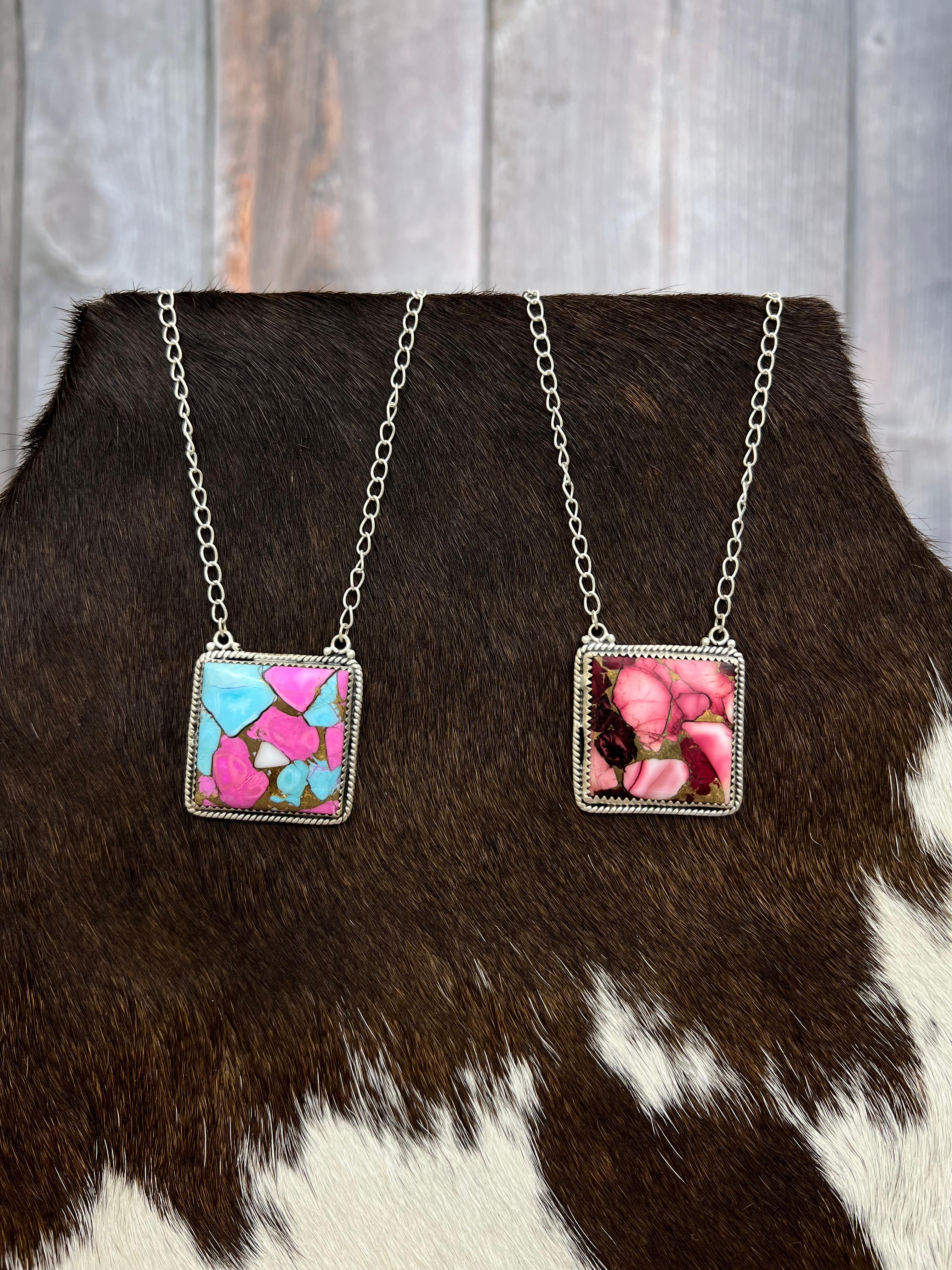 Handmade Sterling Silver Dahlia Rose, Cotton Candy Turquoise Necklace with Signed Nizhoni